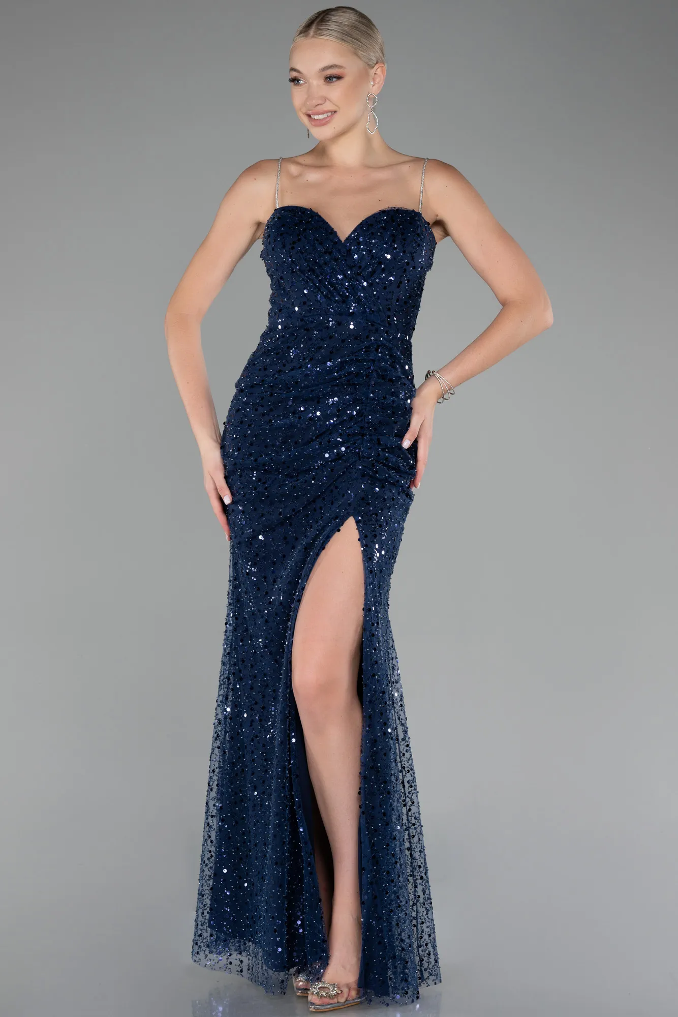 Navy Blue-Slit Long Scaly Evening Gown ABU4058