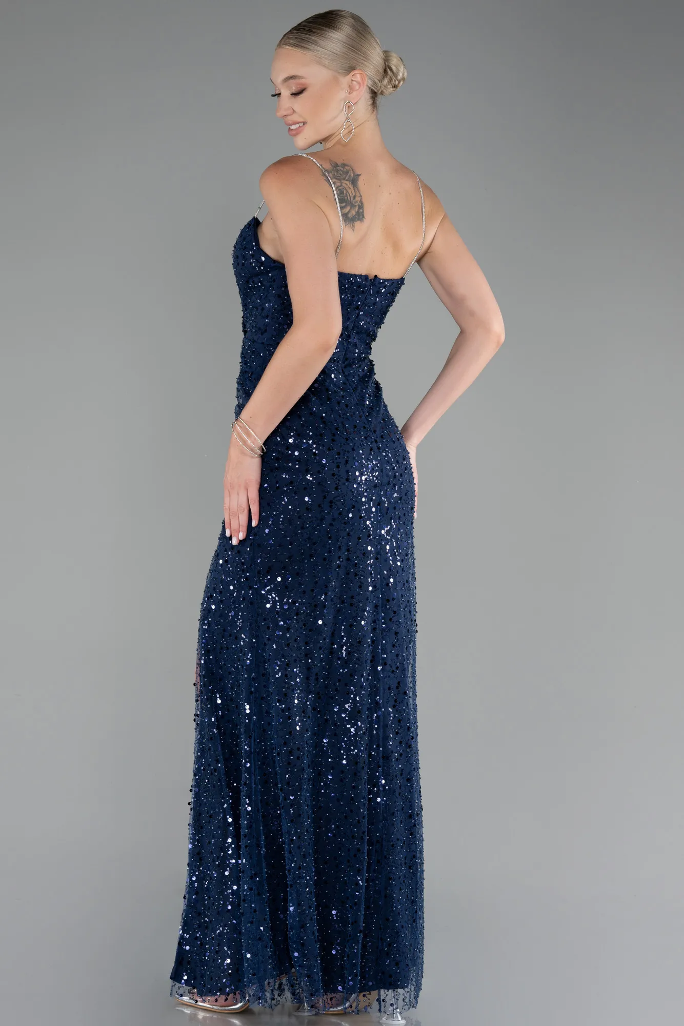 Navy Blue-Slit Long Scaly Evening Gown ABU4058