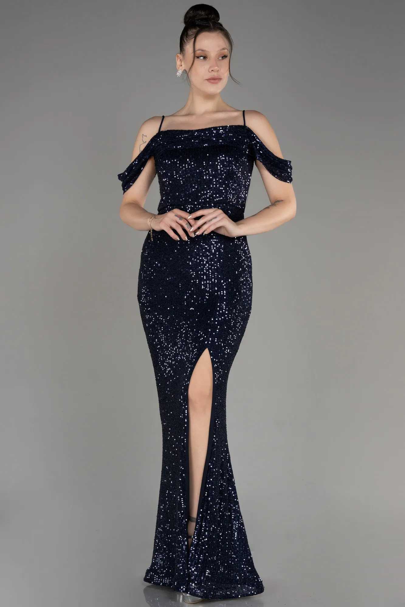 Navy Blue-Slit Long Scaly Mermaid Prom Dress ABU3967