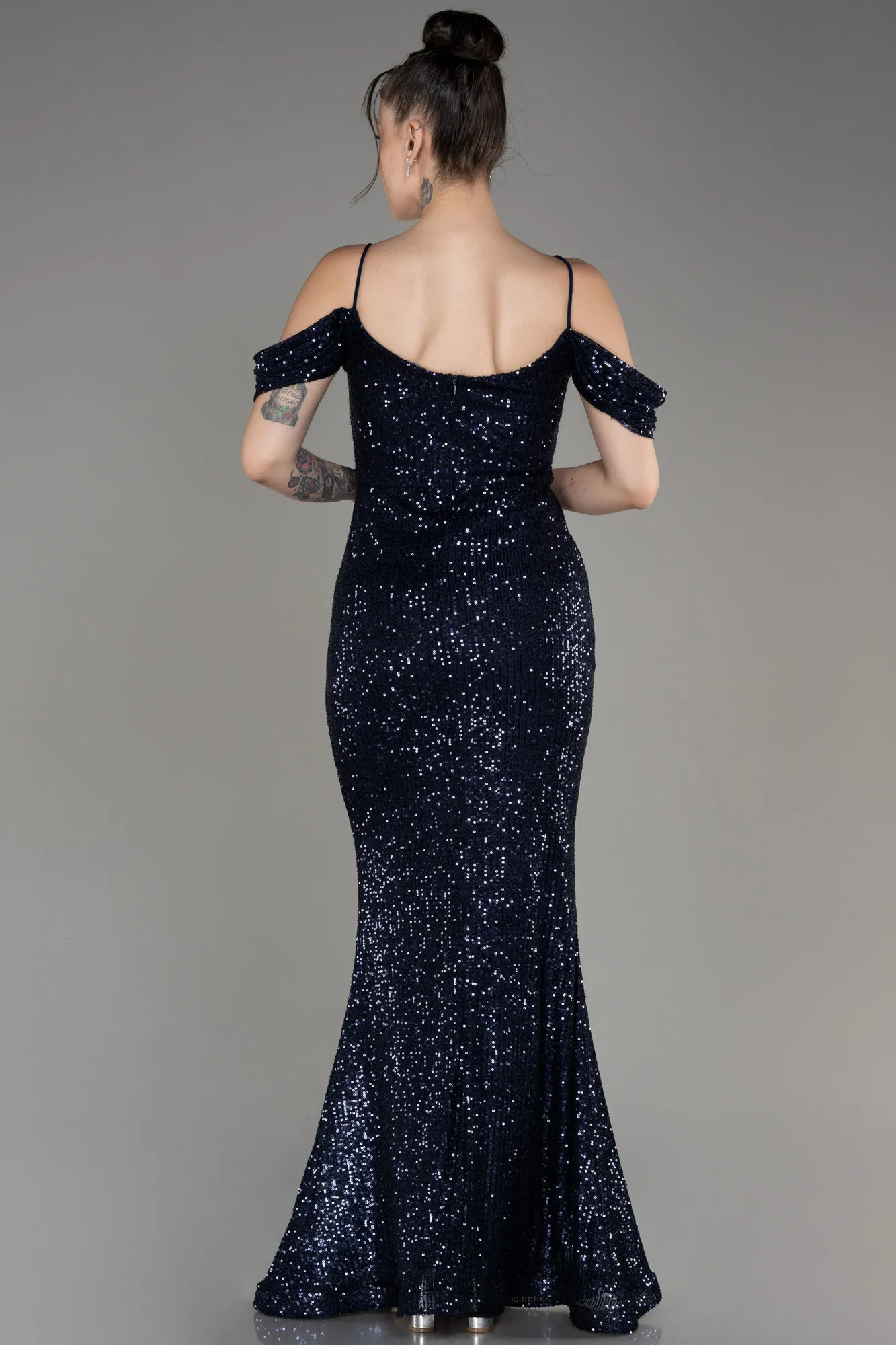 Navy Blue-Slit Long Scaly Mermaid Prom Dress ABU3967