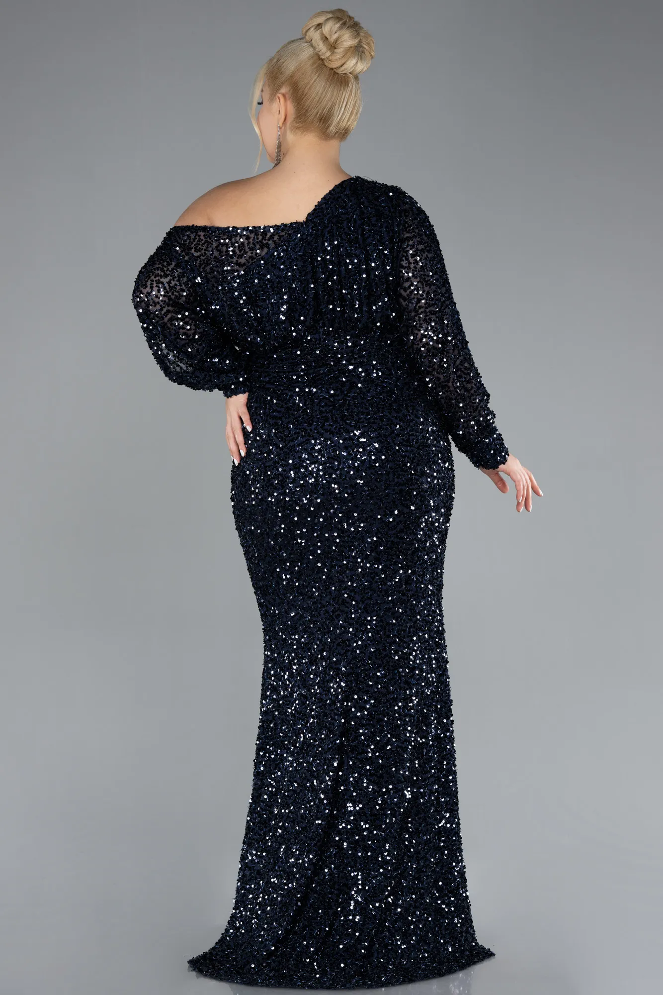 Navy Blue-Slit Long Sleeve Scaly Plus Size Evening Gown ABU4313