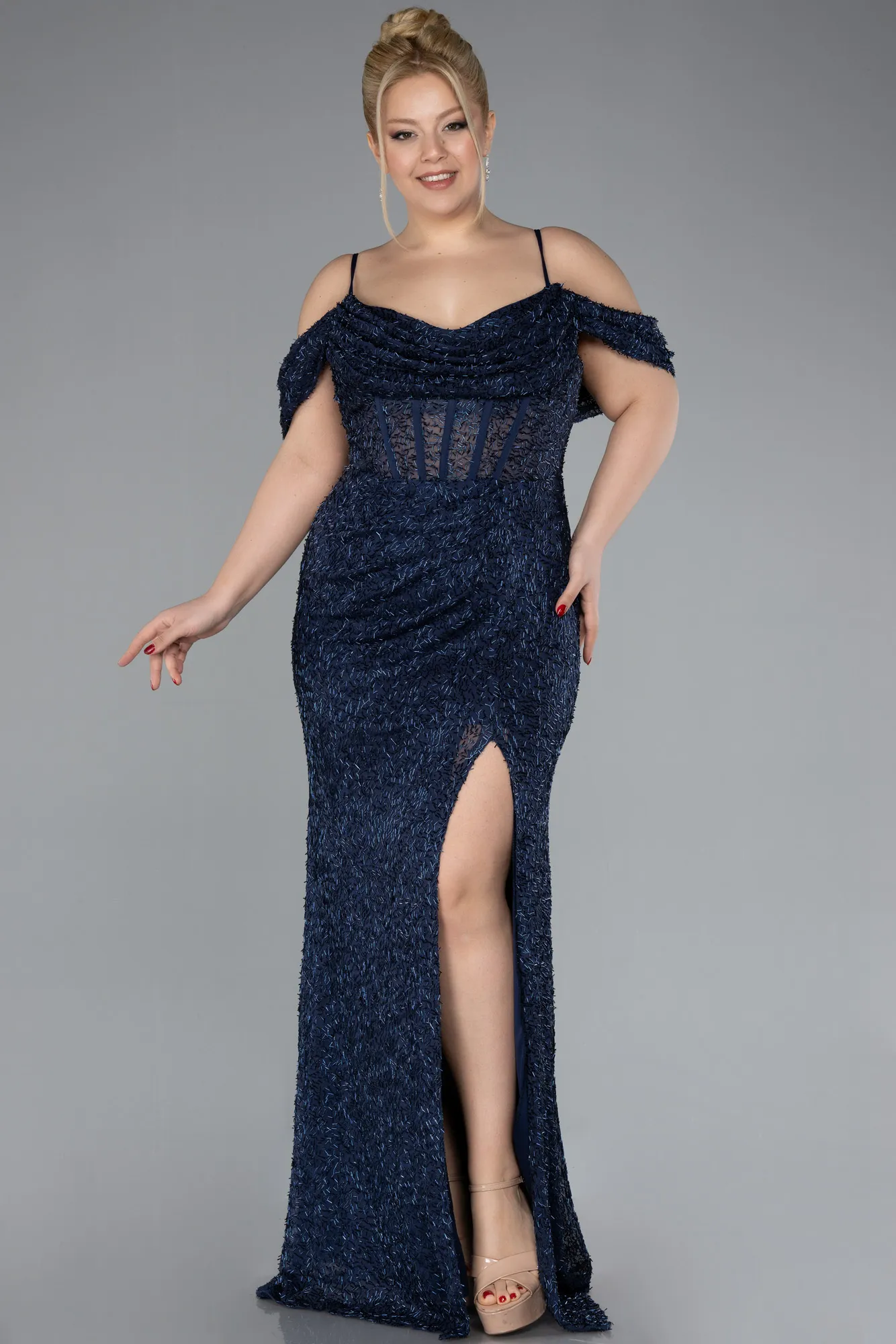 Navy Blue-Slit Long Stone Plus Size Prom Dress ABU4395