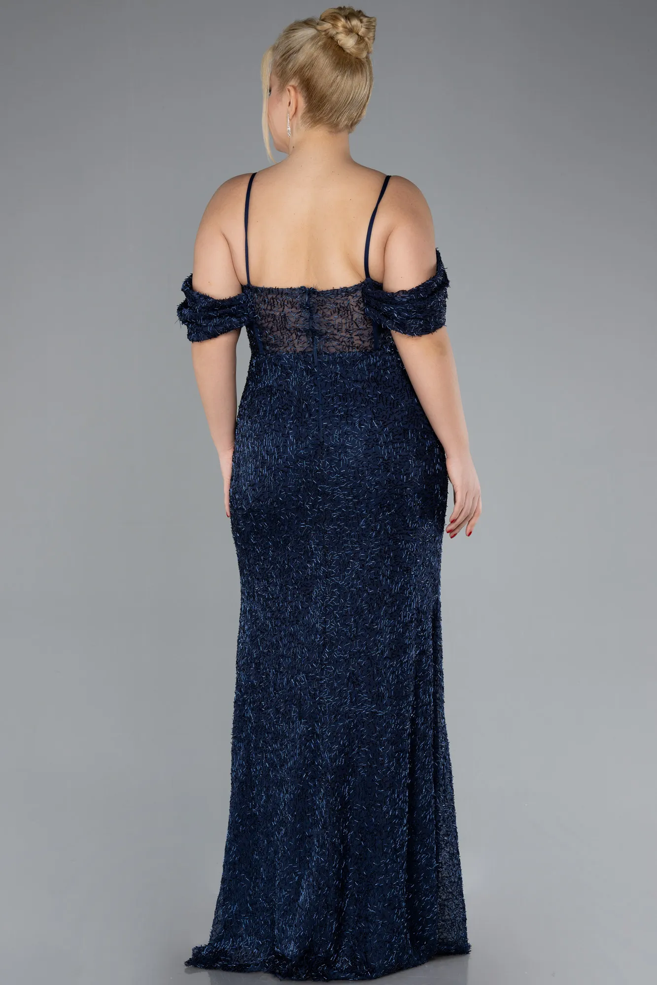 Navy Blue-Slit Long Stone Plus Size Prom Dress ABU4395