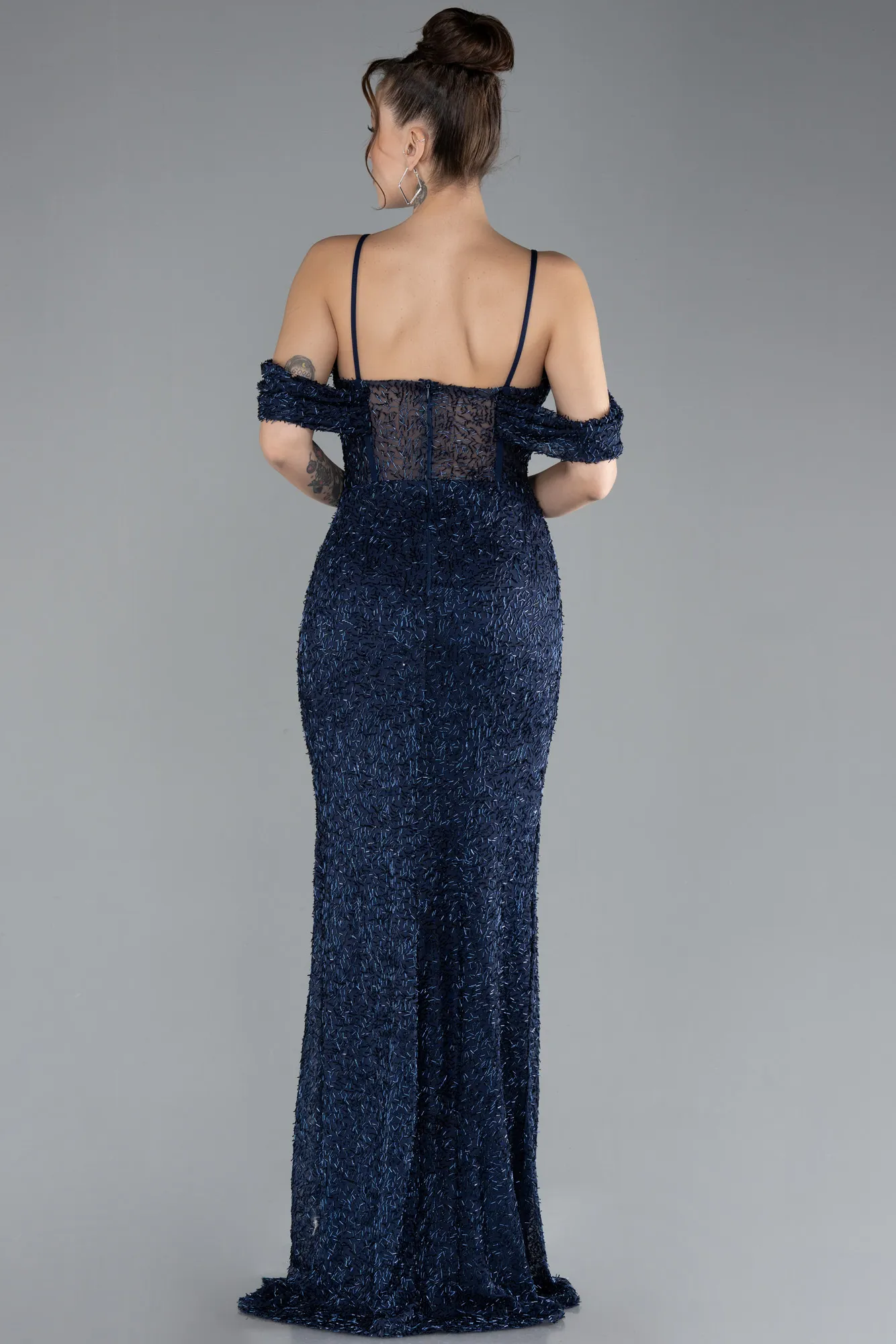 Navy Blue-Slit Long Stone Prom Gown ABU4394