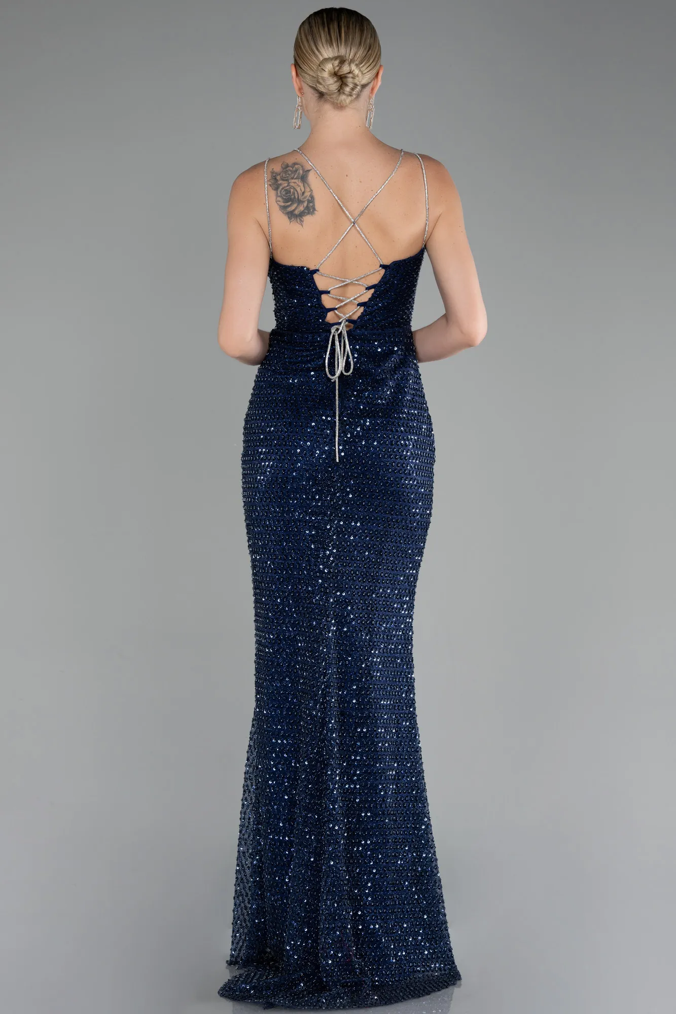 Navy Blue-Slit Long Stony Evening Dress ABU4164