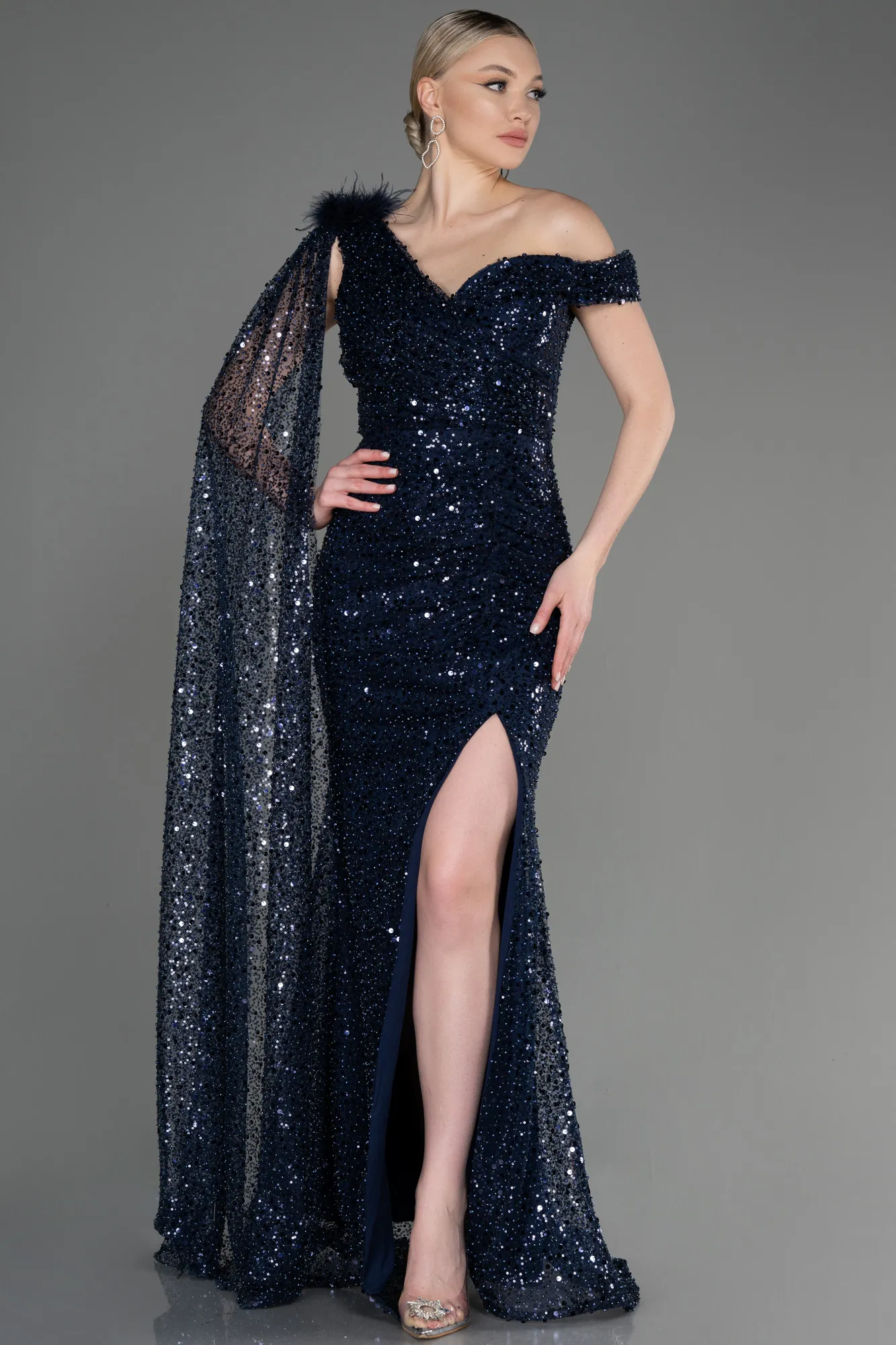 Navy Blue-Slit Scaly Long Evening Dress ABU3857