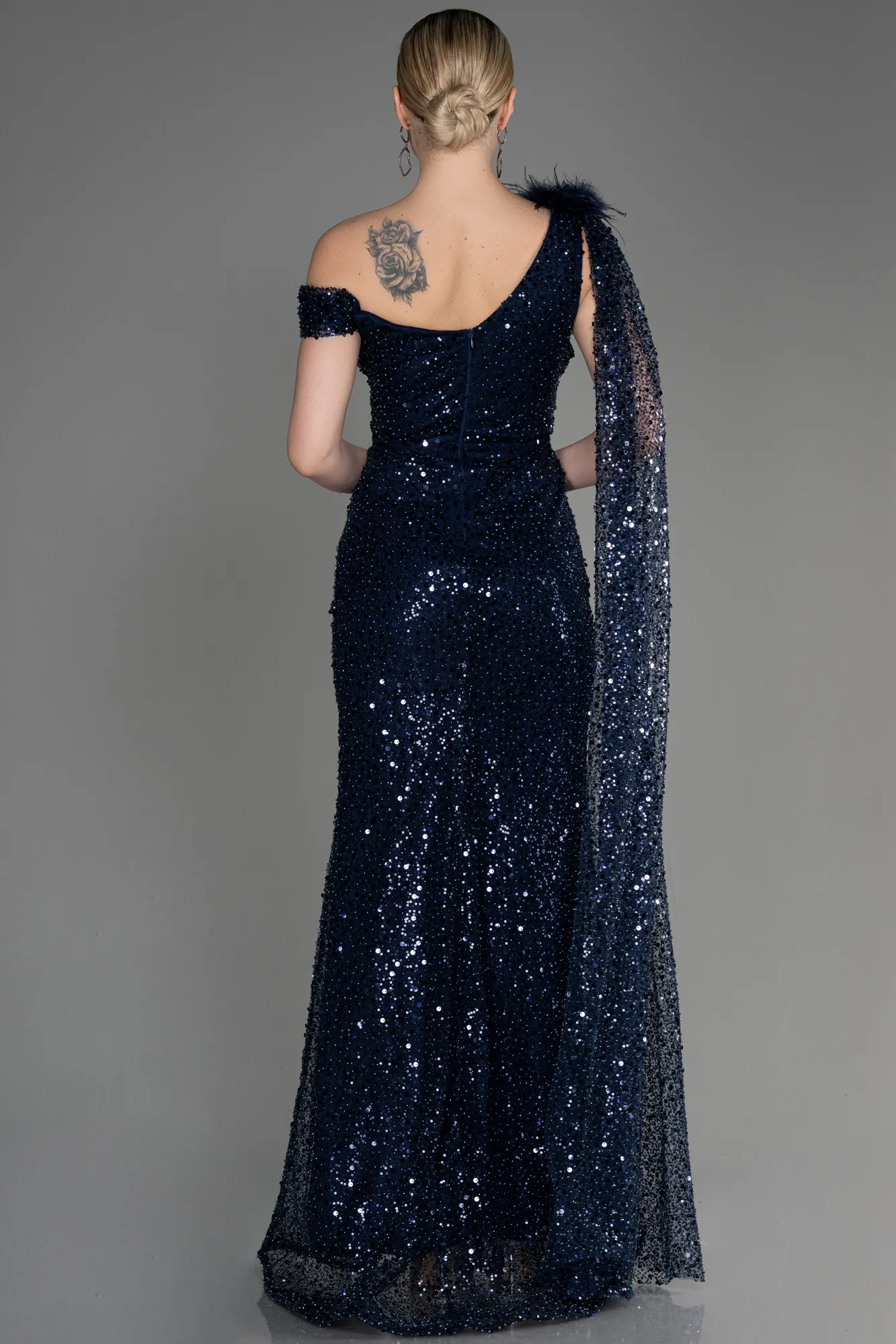 Navy Blue-Slit Scaly Long Evening Dress ABU3857