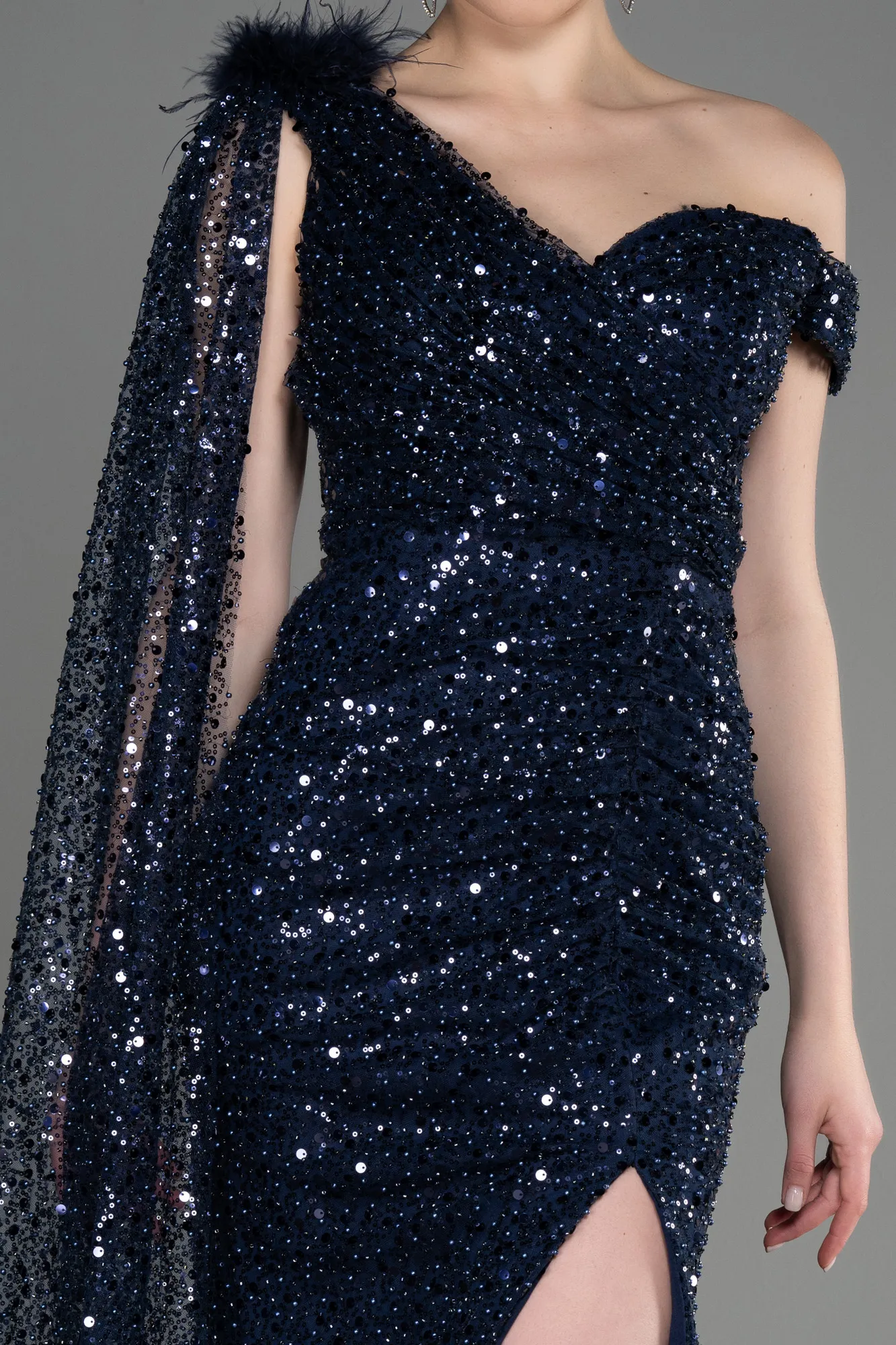 Navy Blue-Slit Scaly Long Evening Dress ABU3857