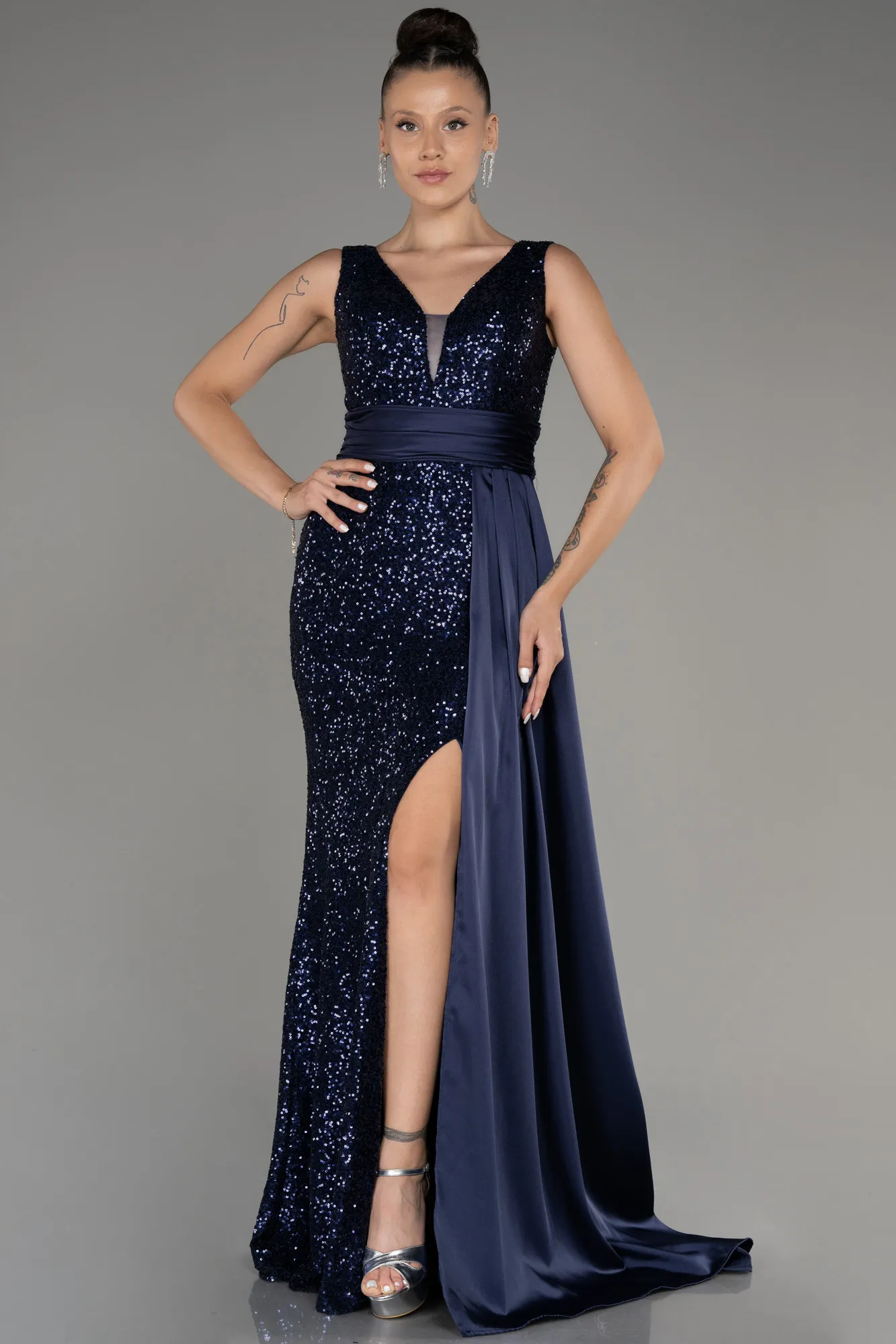 Navy Blue-Slit Sequined Long Evening Dress ABU4028