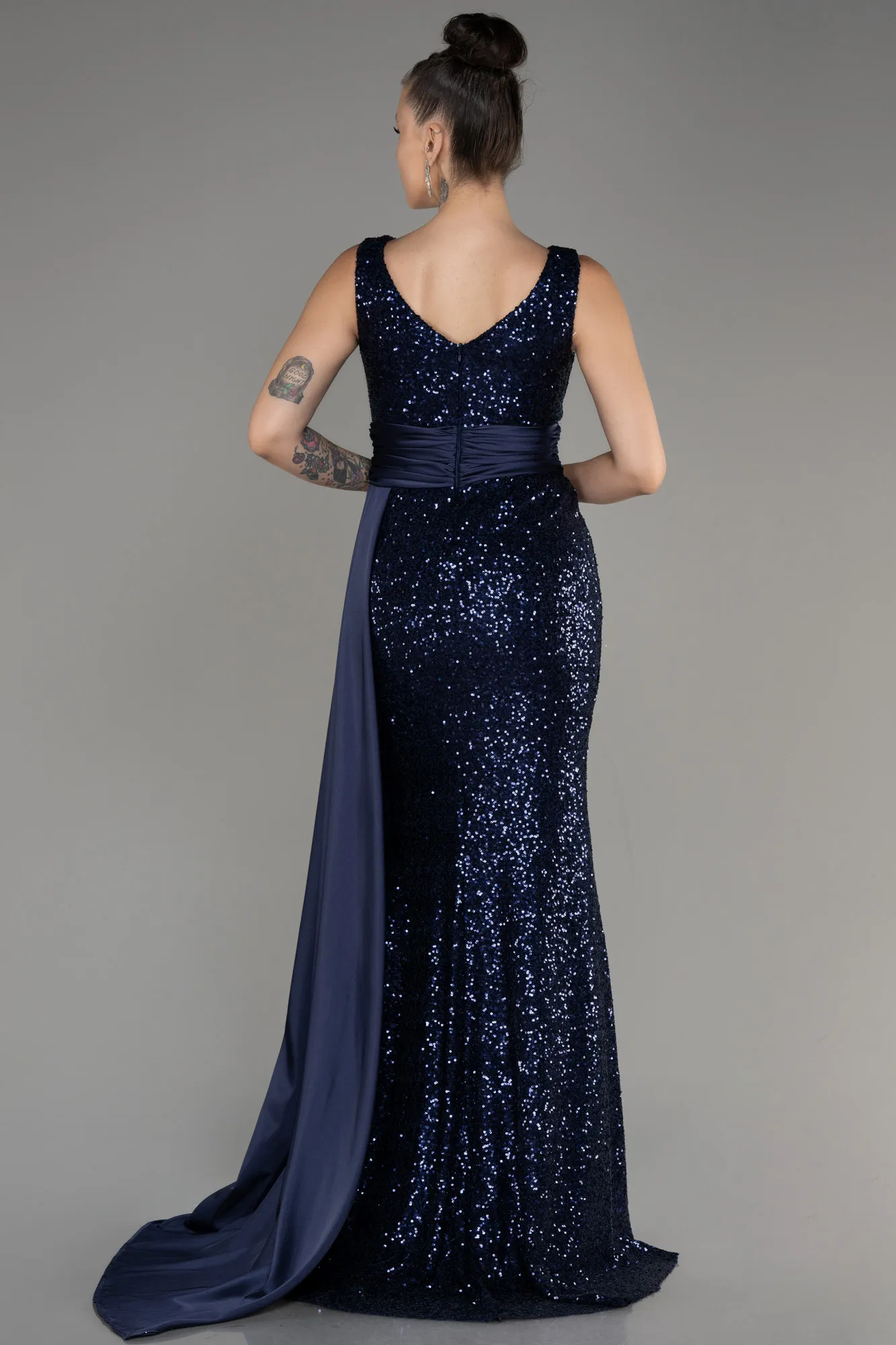 Navy Blue-Slit Sequined Long Evening Dress ABU4028