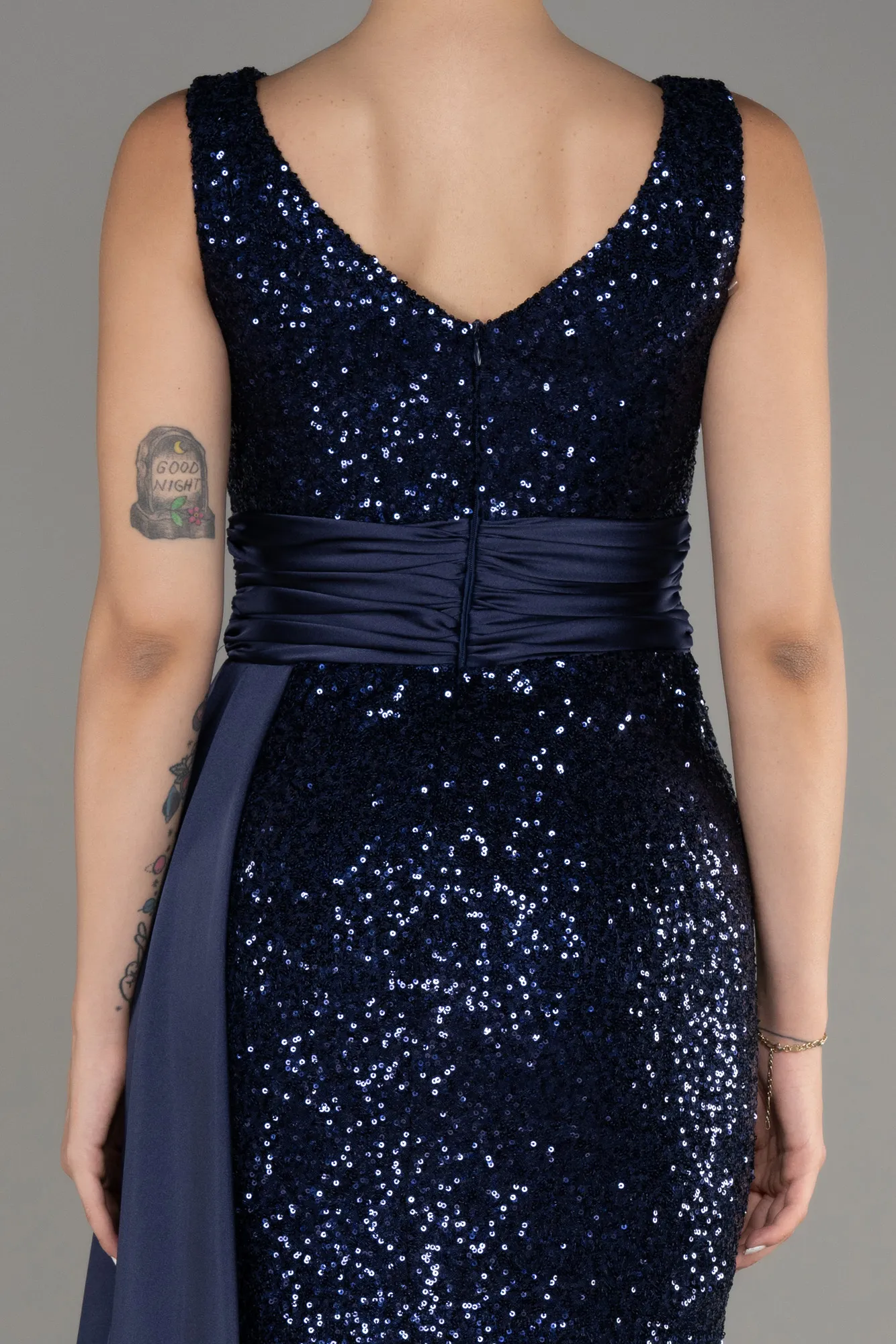 Navy Blue-Slit Sequined Long Evening Dress ABU4028