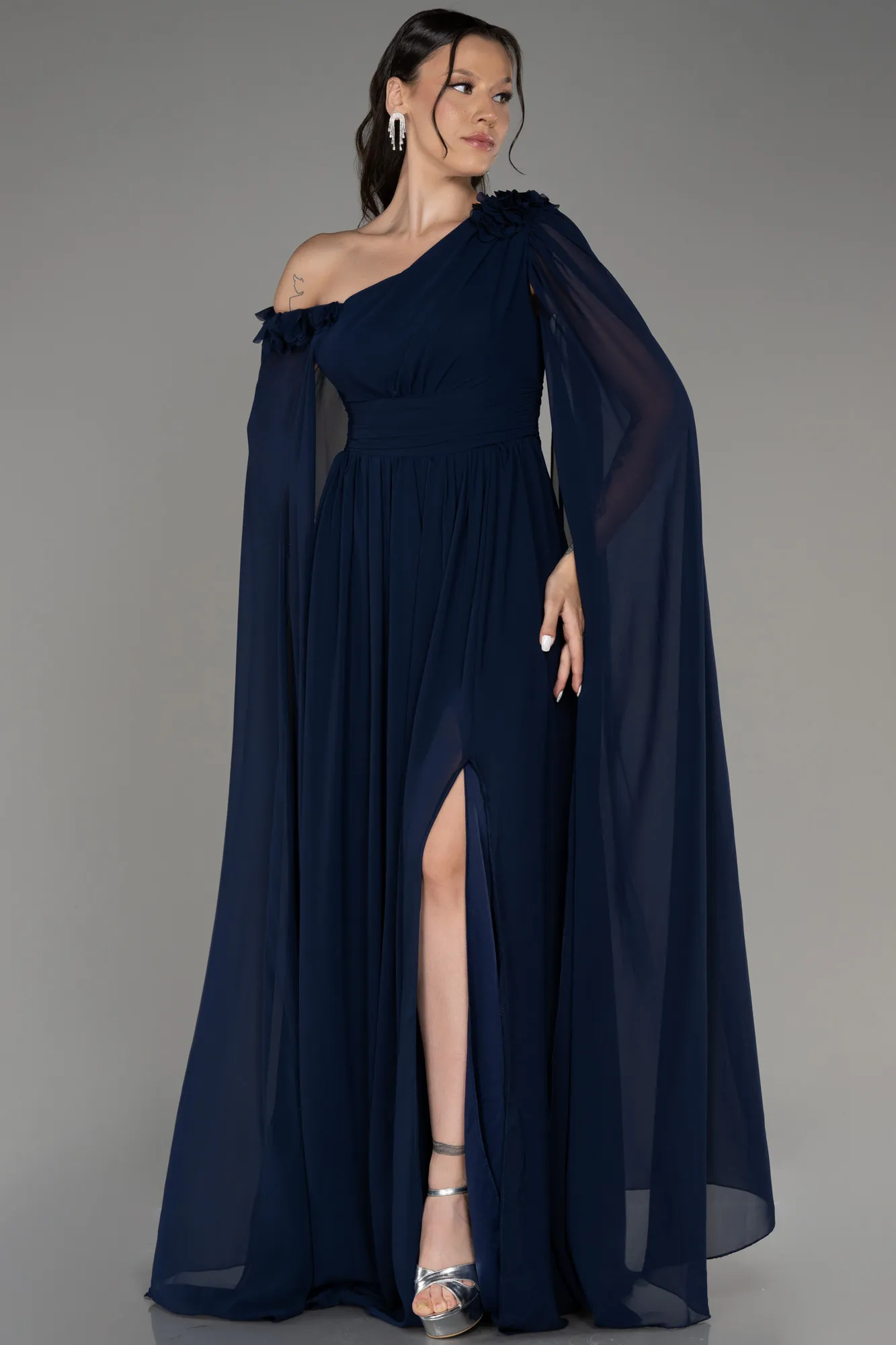 Navy Blue-Slit Shawl Long Chiffon Evening Dress ABU4001