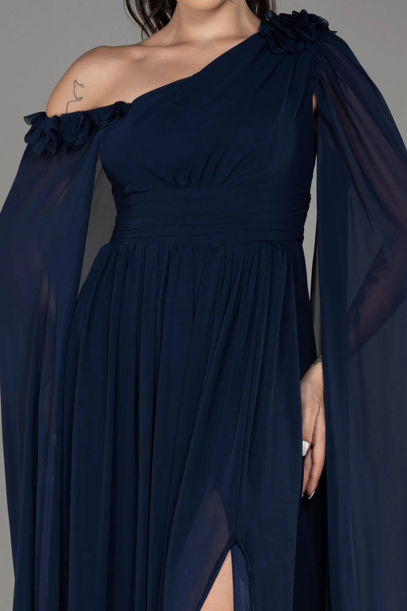 Navy Blue-Slit Shawl Long Chiffon Evening Dress ABU4001