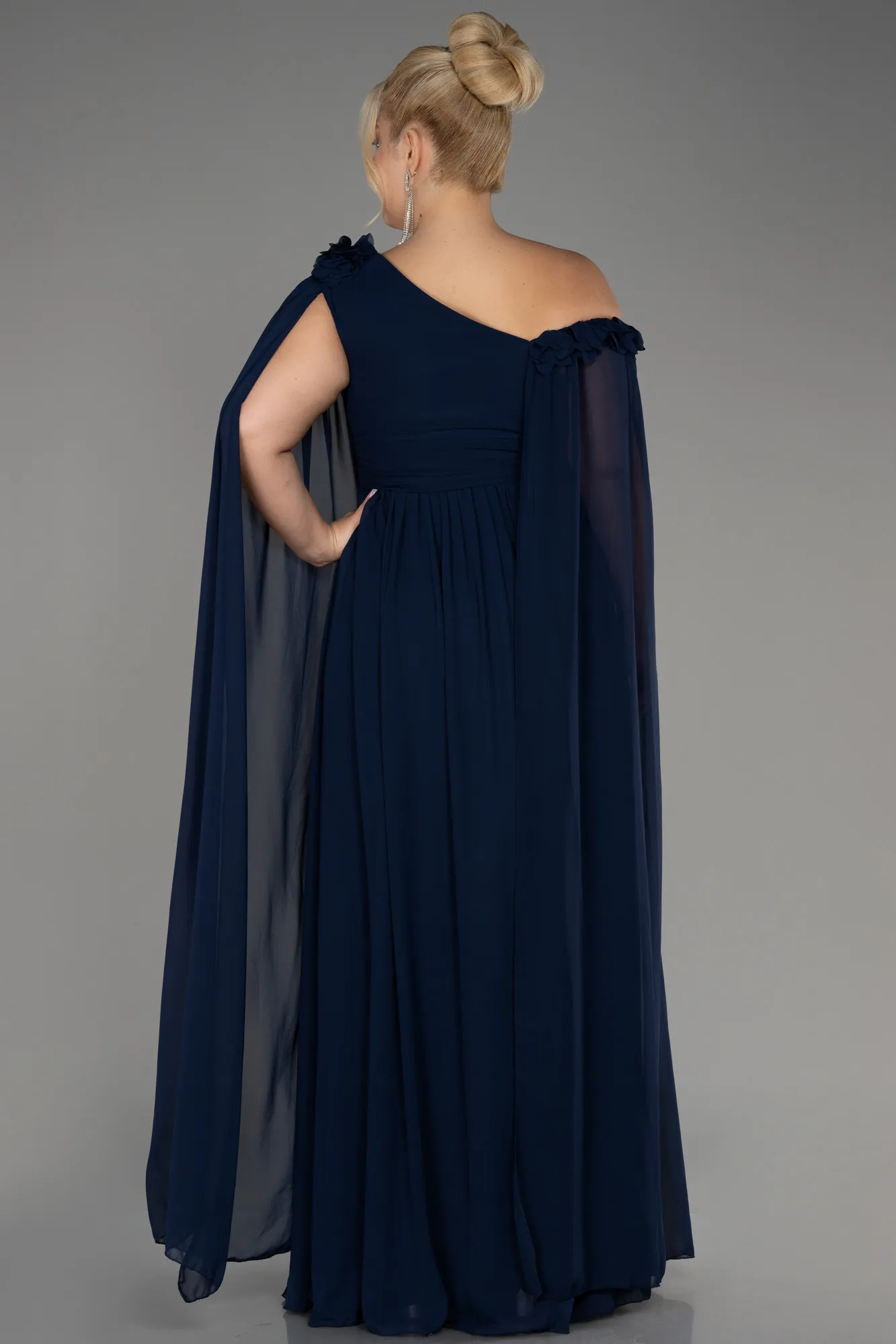 Navy Blue-Slit Shawl Long Chiffon Plus Size Evening Dress ABU4002