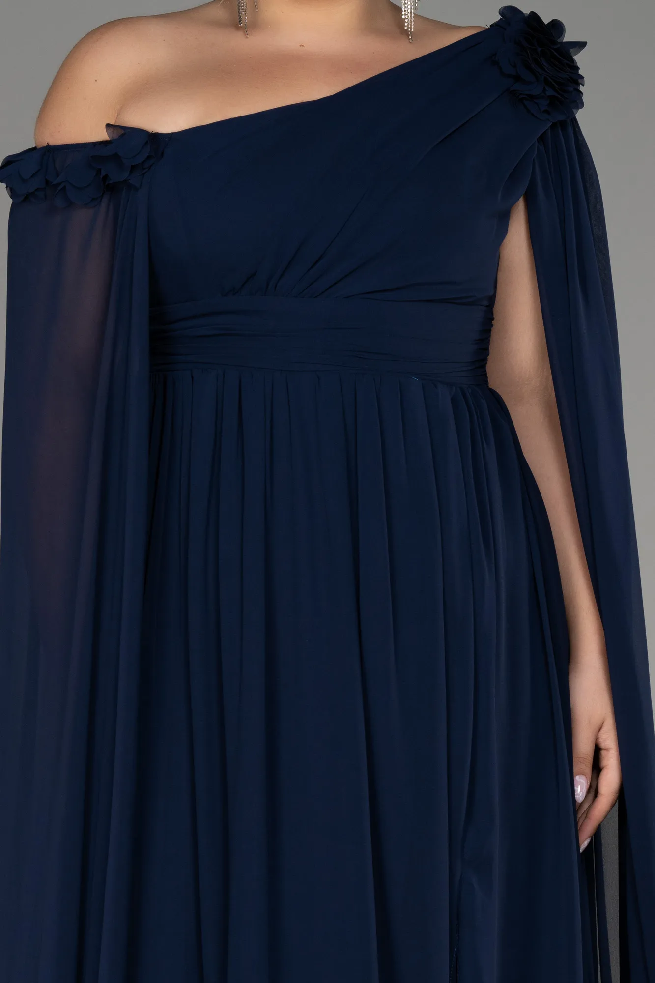 Navy Blue-Slit Shawl Long Chiffon Plus Size Evening Dress ABU4002