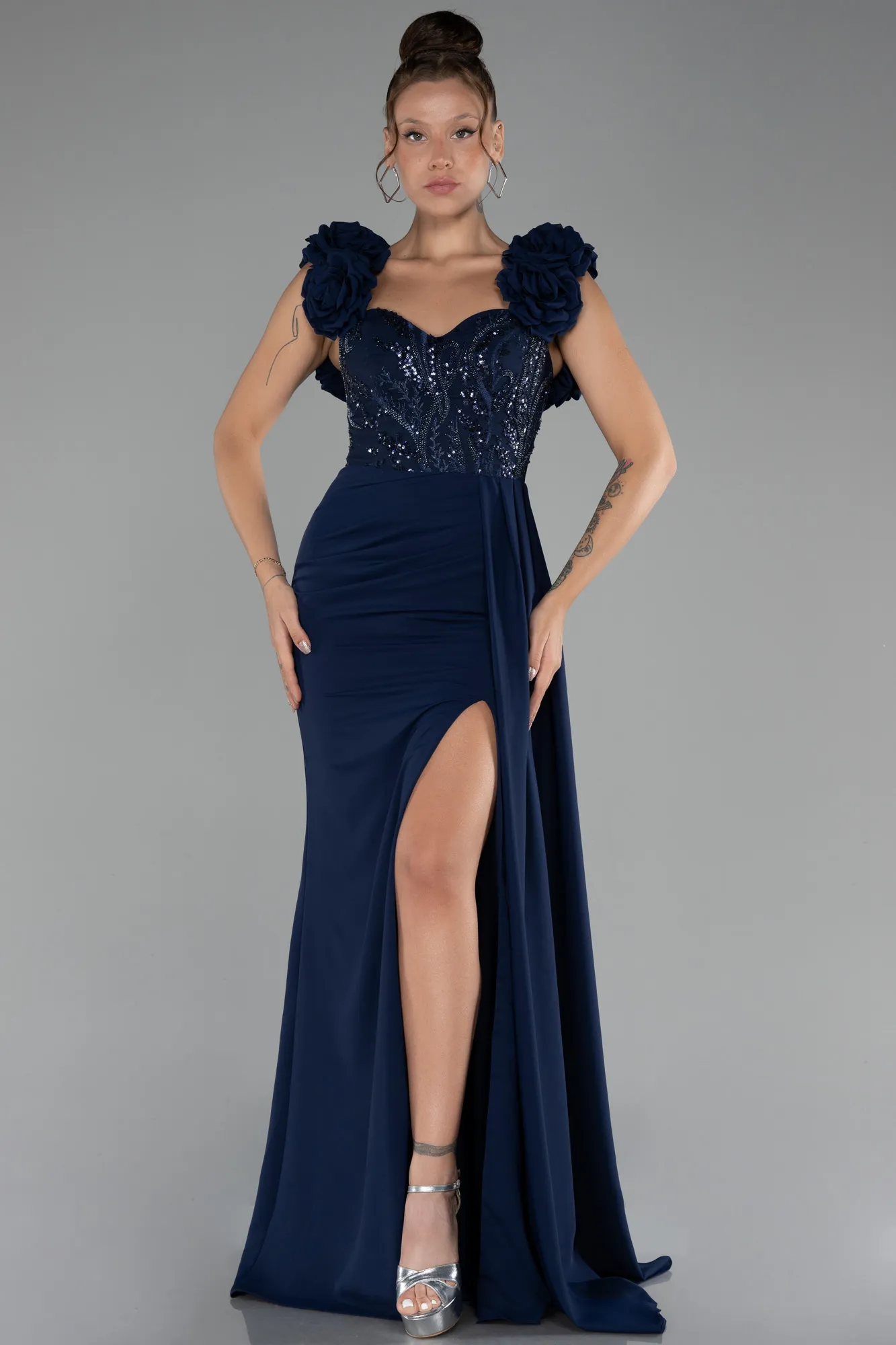 Navy Blue-Slit Strap Flowers Long Chiffon Evening Gown ABU4272