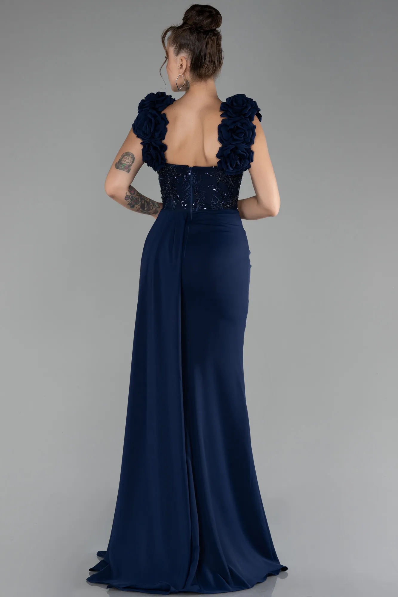 Navy Blue-Slit Strap Flowers Long Chiffon Evening Gown ABU4272