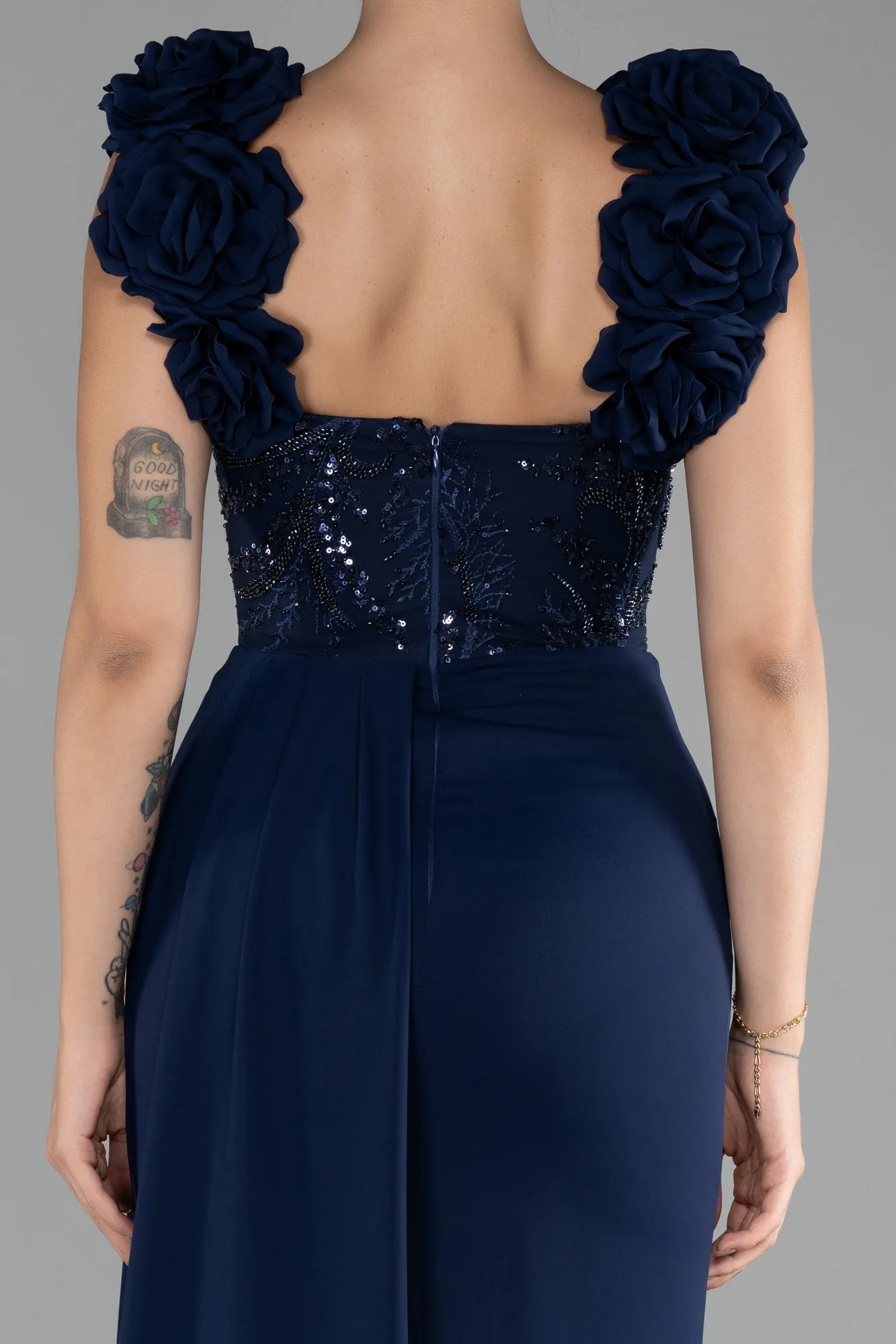 Navy Blue-Slit Strap Flowers Long Chiffon Evening Gown ABU4272