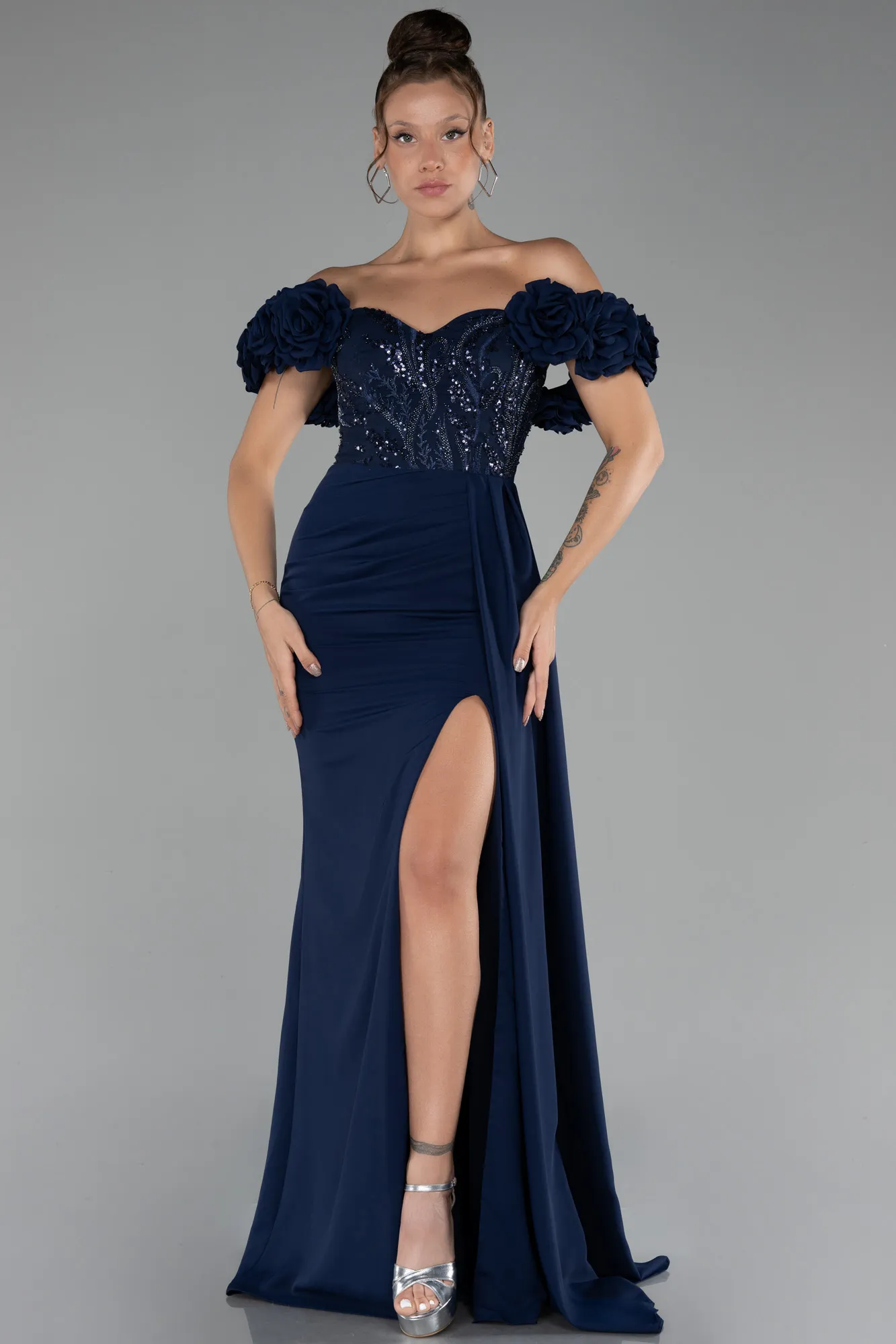 Navy Blue-Slit Strap Flowers Long Chiffon Evening Gown ABU4272