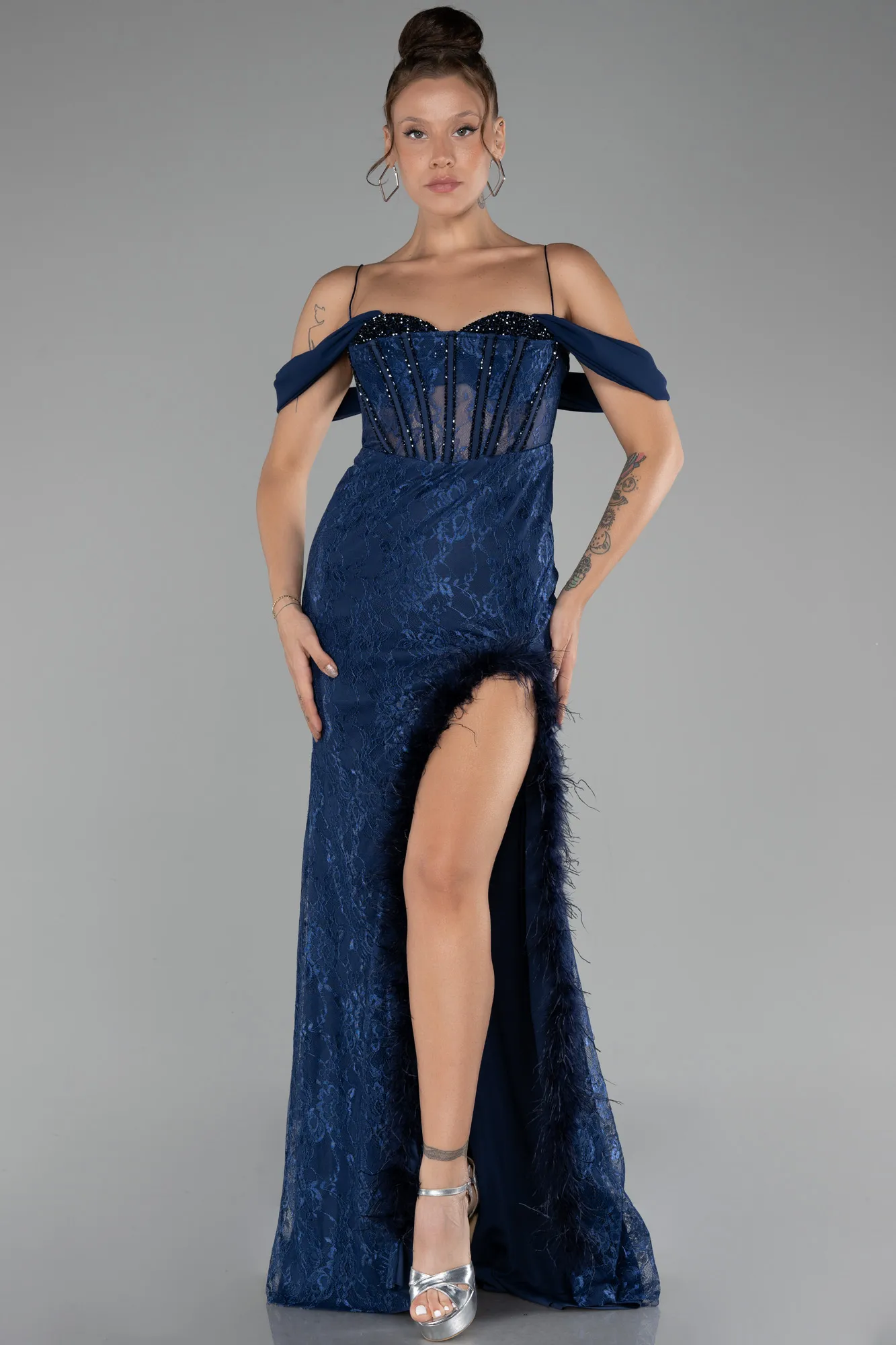 Navy Blue-Slit Underwire Long Lace Evening Gown ABU4270