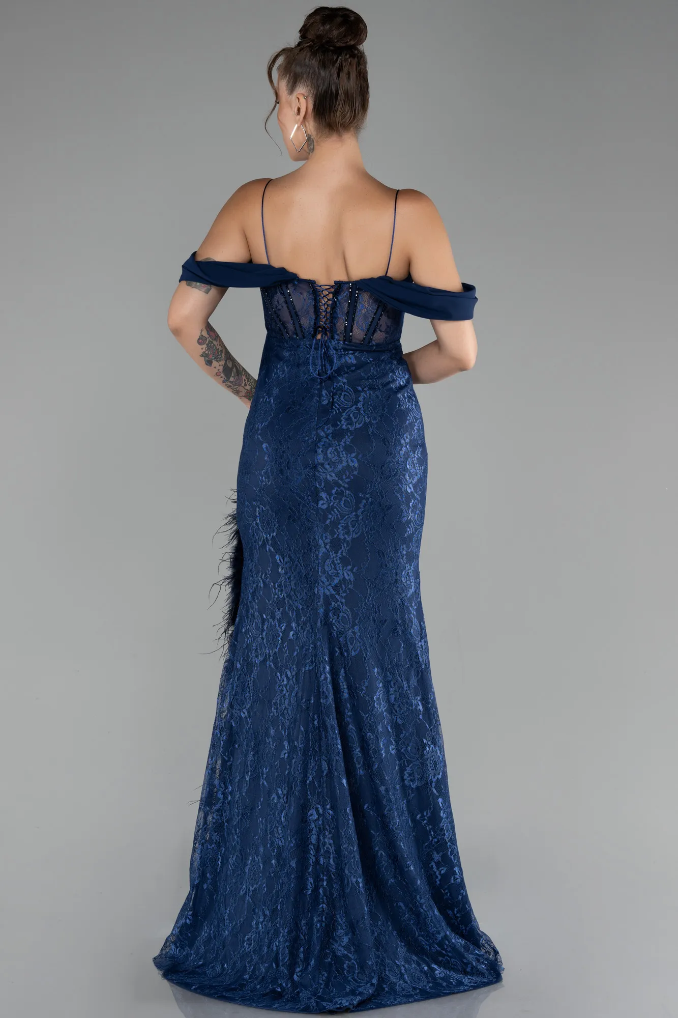 Navy Blue-Slit Underwire Long Lace Evening Gown ABU4270