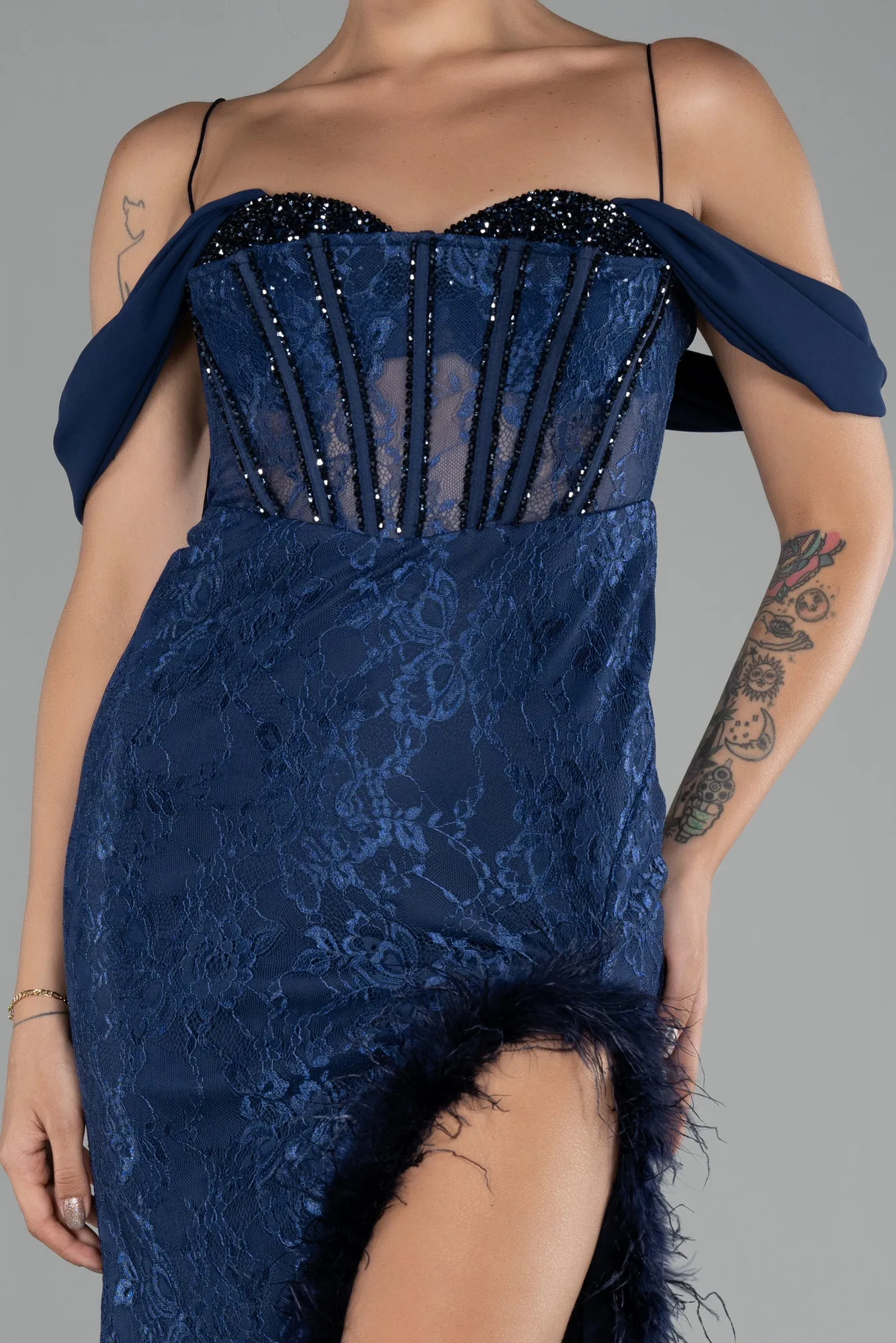 Navy Blue-Slit Underwire Long Lace Evening Gown ABU4270