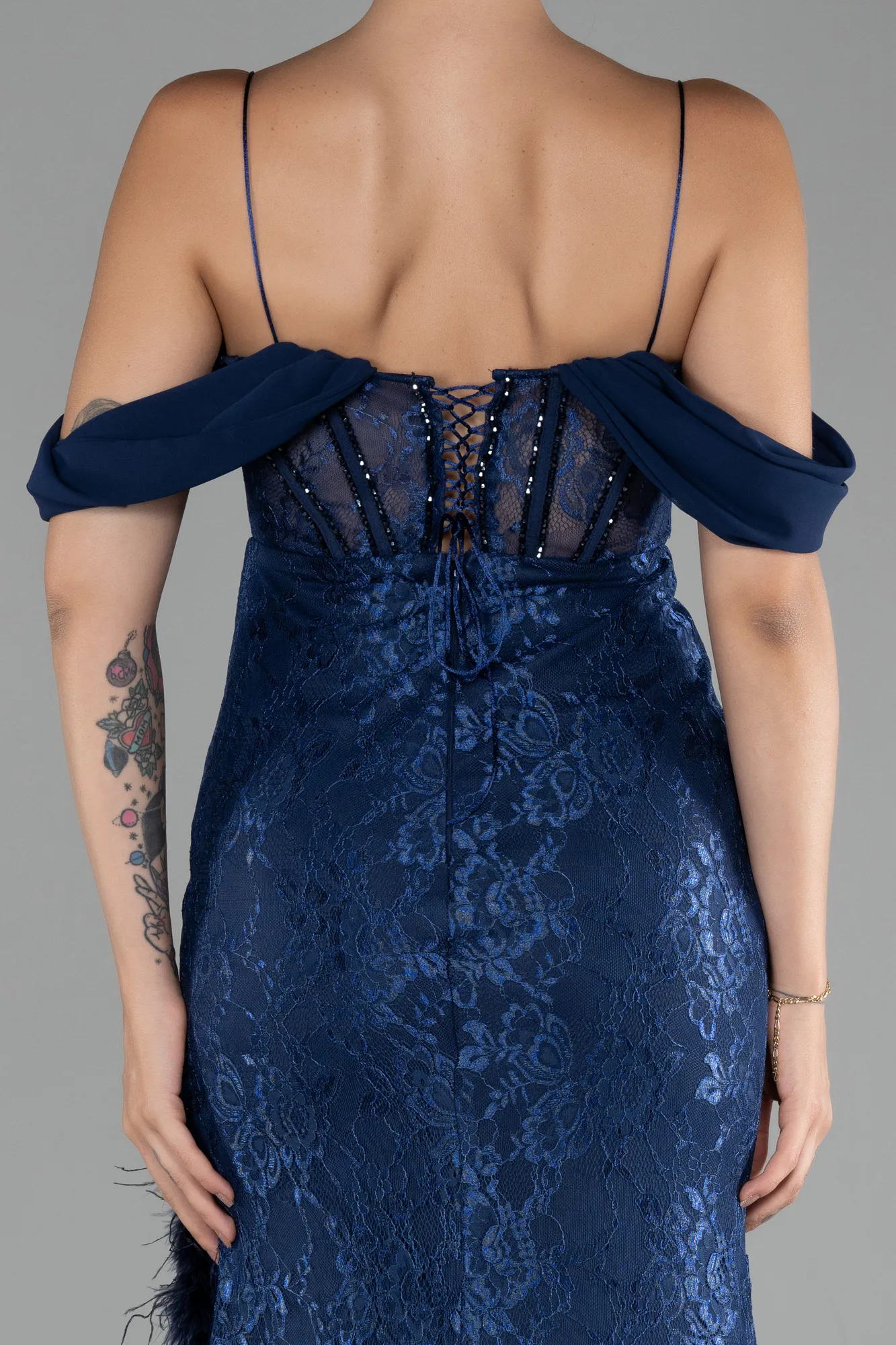 Navy Blue-Slit Underwire Long Lace Evening Gown ABU4270