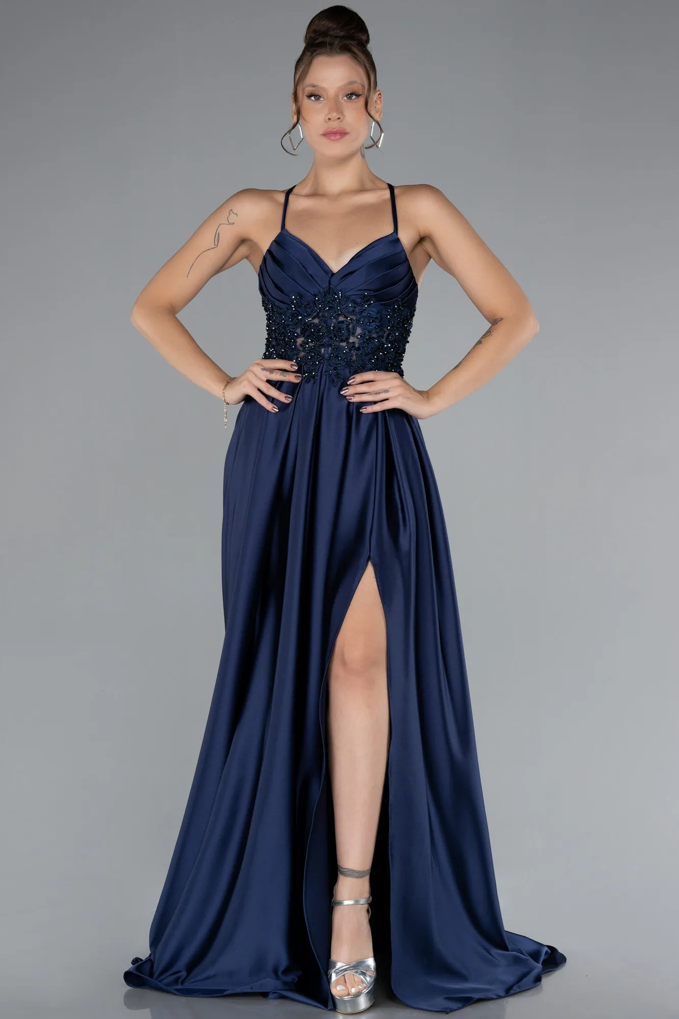 Navy Blue-Srappy Long Satin Prom Gown ABU4133