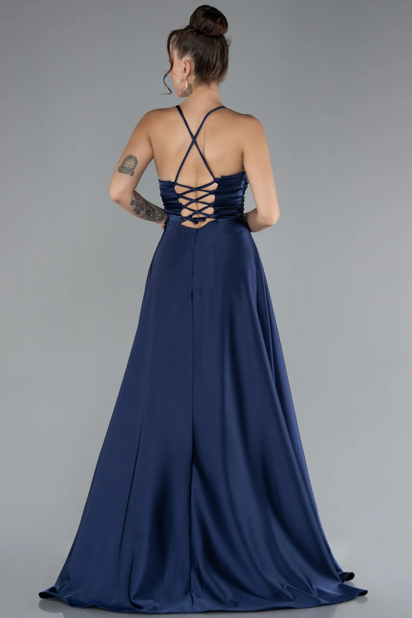 Navy Blue-Srappy Long Satin Prom Gown ABU4133