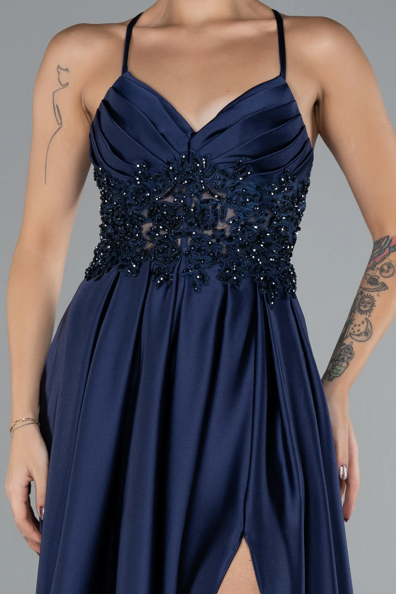 Navy Blue-Srappy Long Satin Prom Gown ABU4133