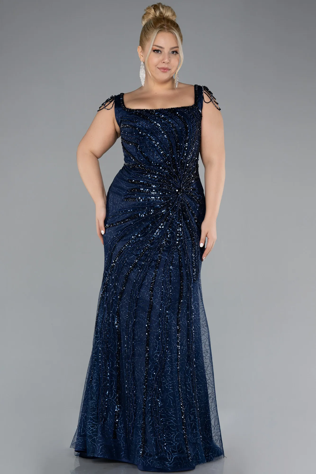 Navy Blue-Stone Embroidered Long Plus Size Evening Gown ABU4276