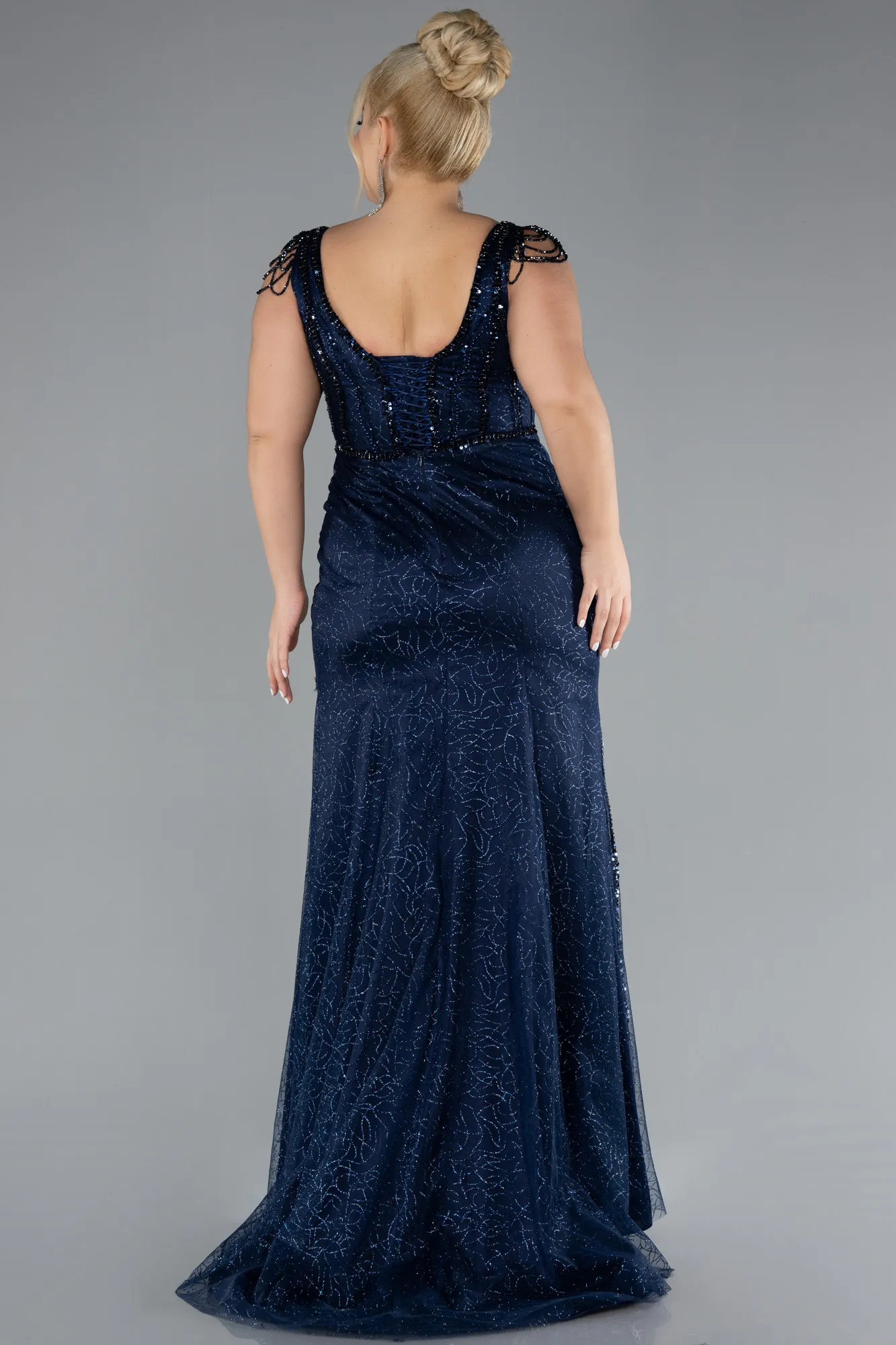 Navy Blue-Stone Embroidered Long Plus Size Evening Gown ABU4276