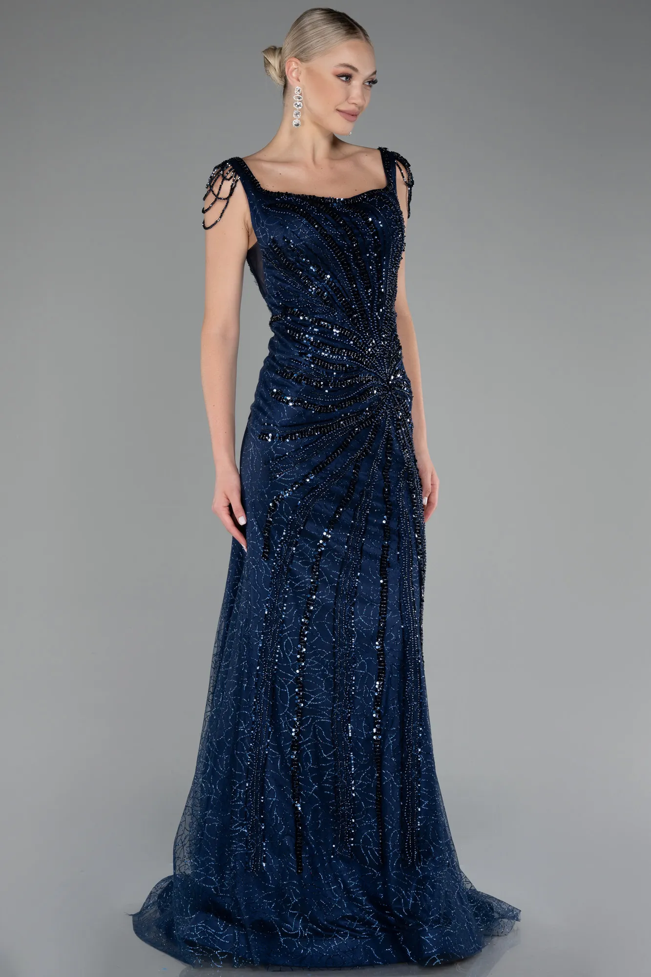 Navy Blue-Stone Embroidered Long Special Design Evening Dress ABU4061