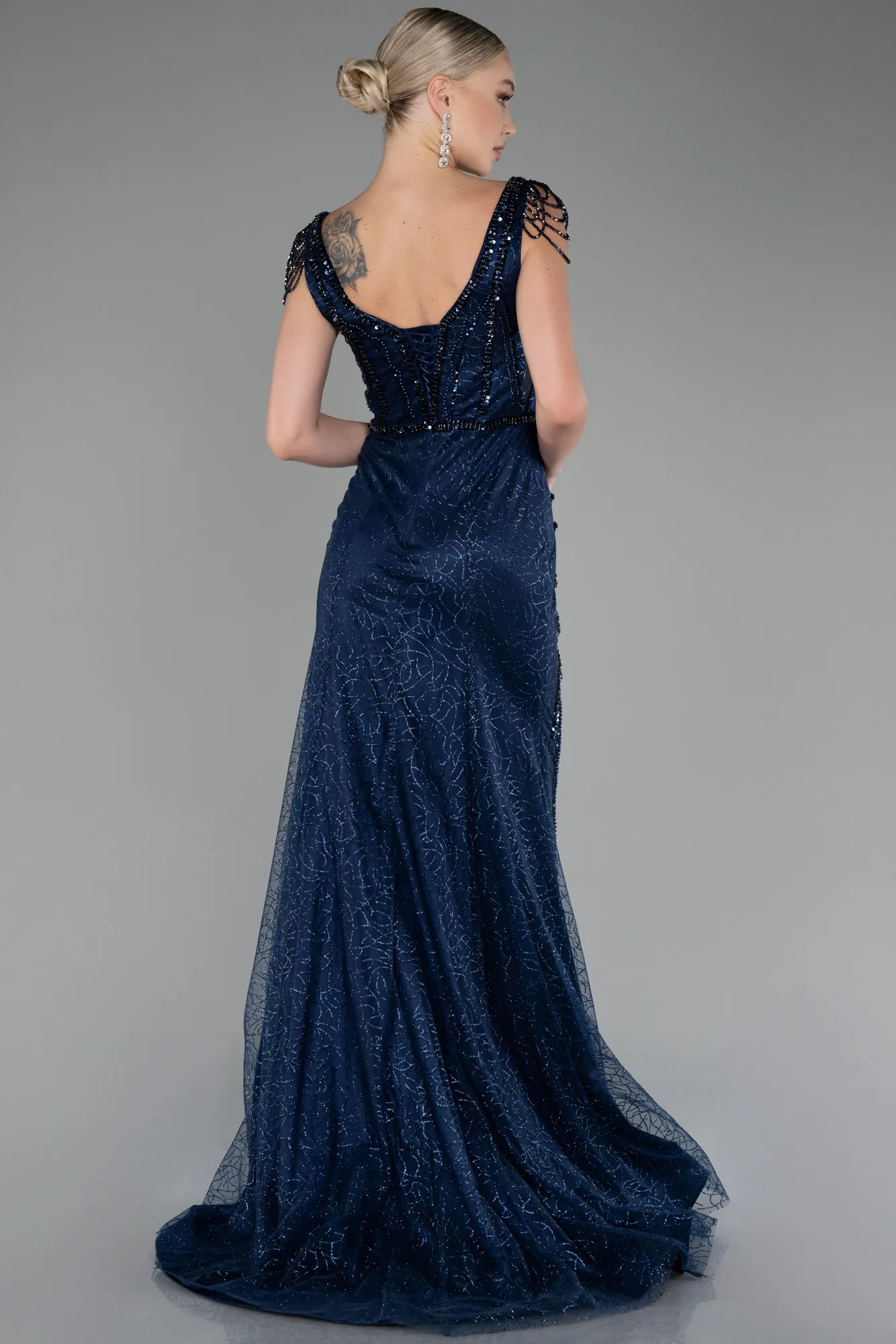 Navy Blue-Stone Embroidered Long Special Design Evening Dress ABU4061