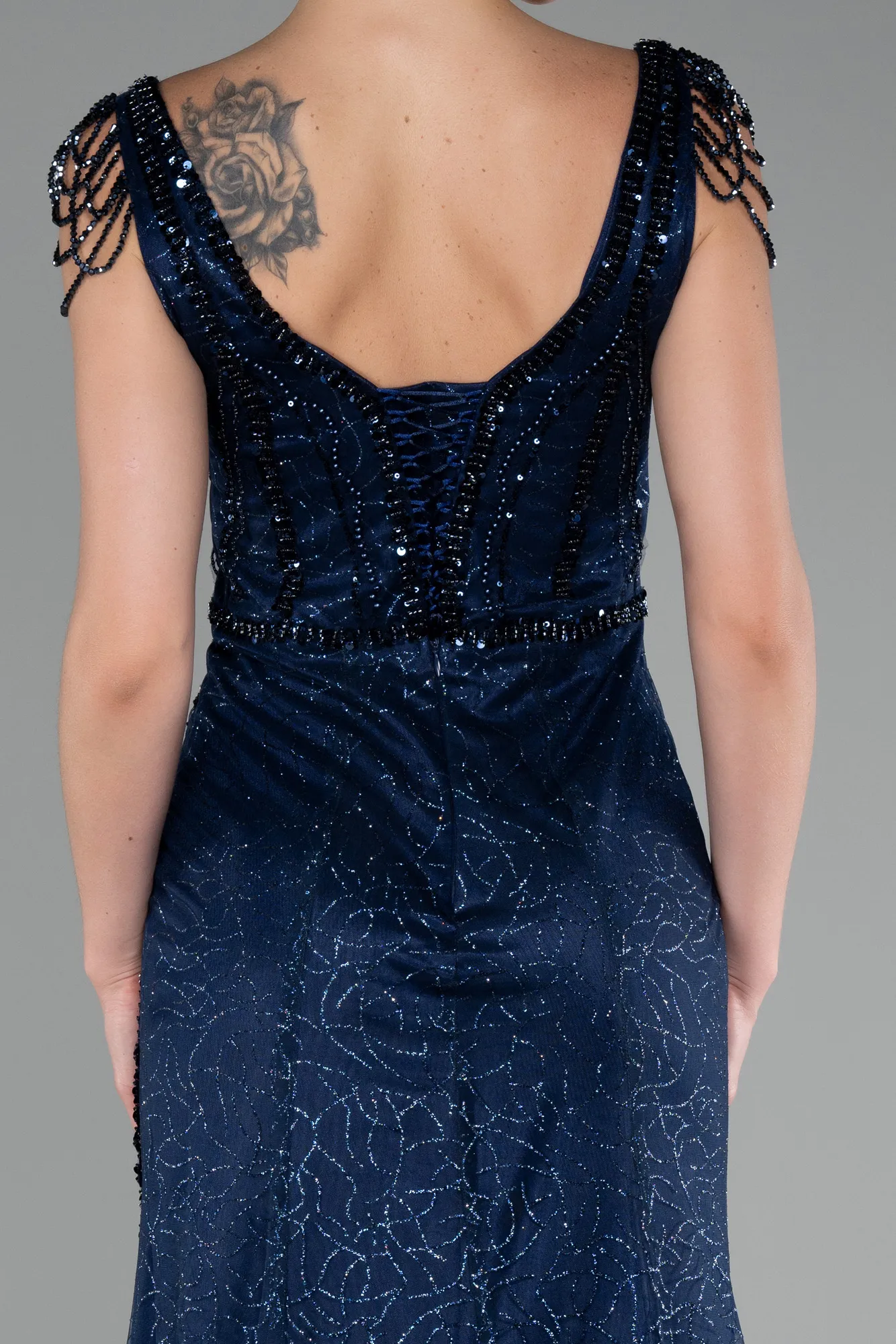 Navy Blue-Stone Embroidered Long Special Design Evening Dress ABU4061