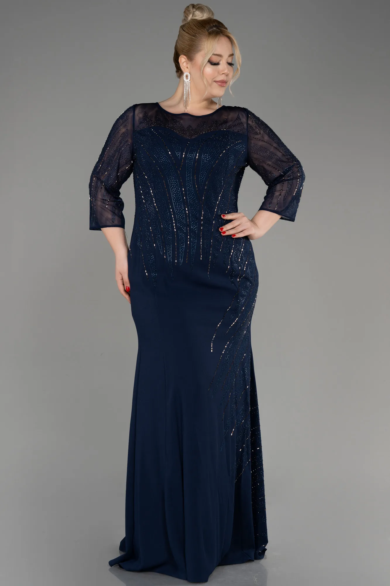 Navy Blue-Stoned Capri Sleeve Long Plus Size Evening Dress ABU3931