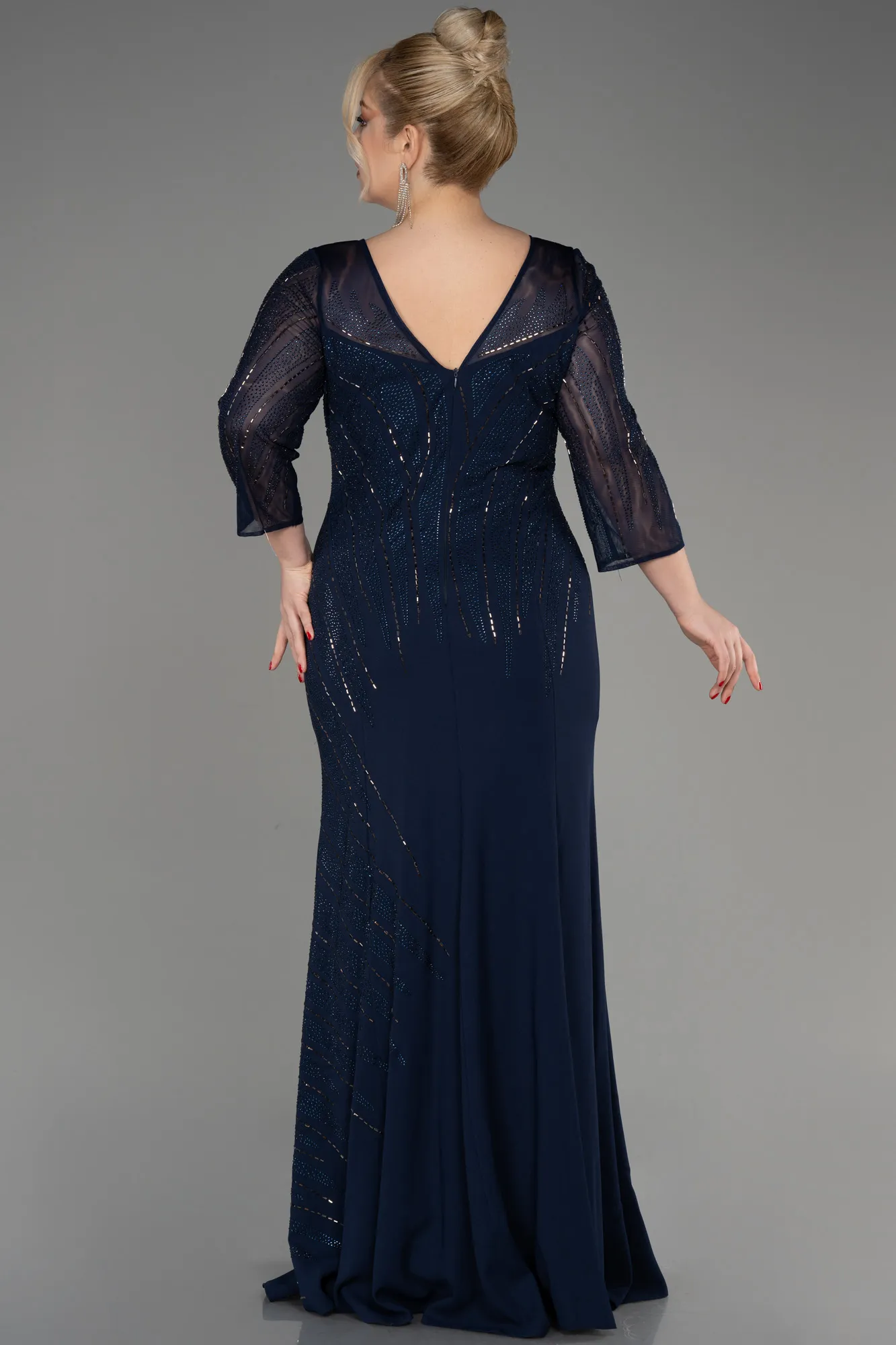 Navy Blue-Stoned Capri Sleeve Long Plus Size Evening Dress ABU3931