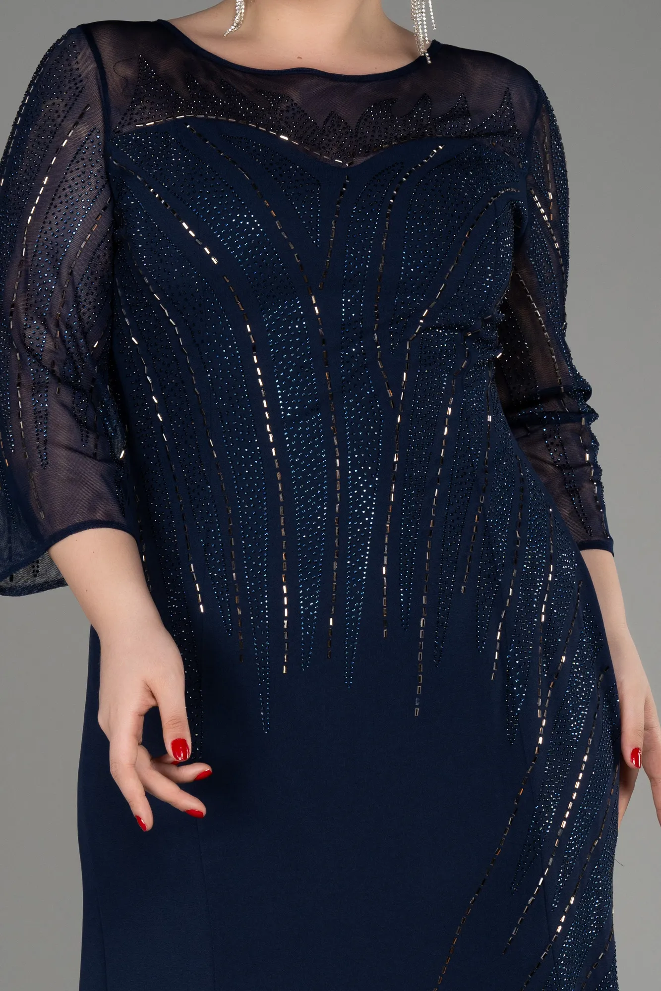 Navy Blue-Stoned Capri Sleeve Long Plus Size Evening Dress ABU3931