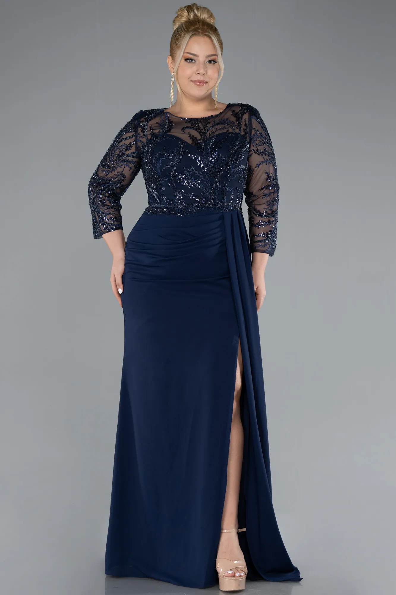 Navy Blue-Stoned Capri Sleeve Slit Chiffon Plus Size Evening Gown ABU4294