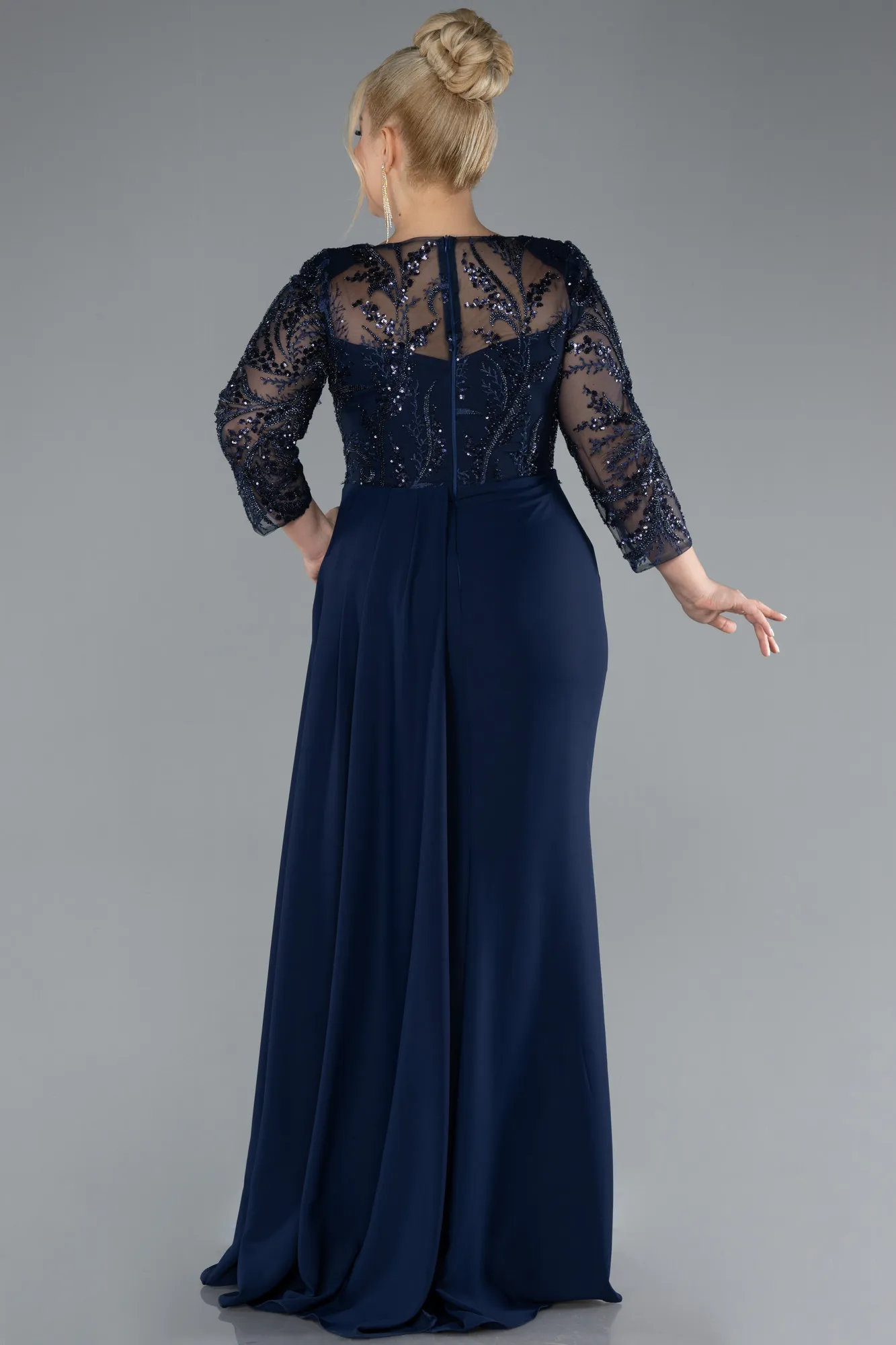 Navy Blue-Stoned Capri Sleeve Slit Chiffon Plus Size Evening Gown ABU4294