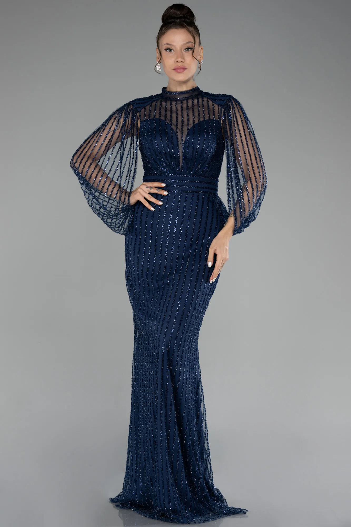 Navy Blue-Stoned Long Evening Gown ABU3981