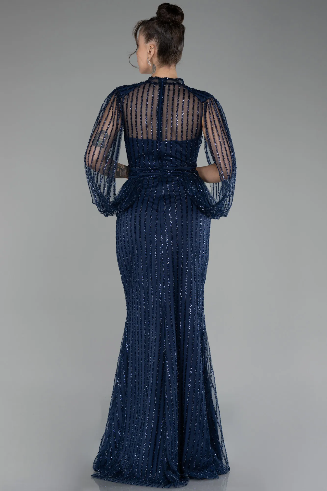 Navy Blue-Stoned Long Evening Gown ABU3981