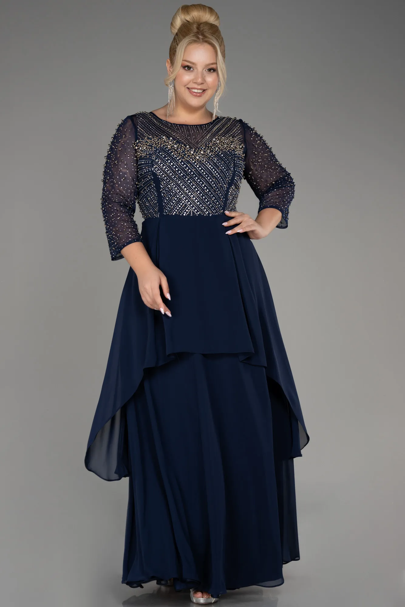 Navy Blue-Stoned Long Sleeve Chiffon Plus Size Evening Dress ABU4018