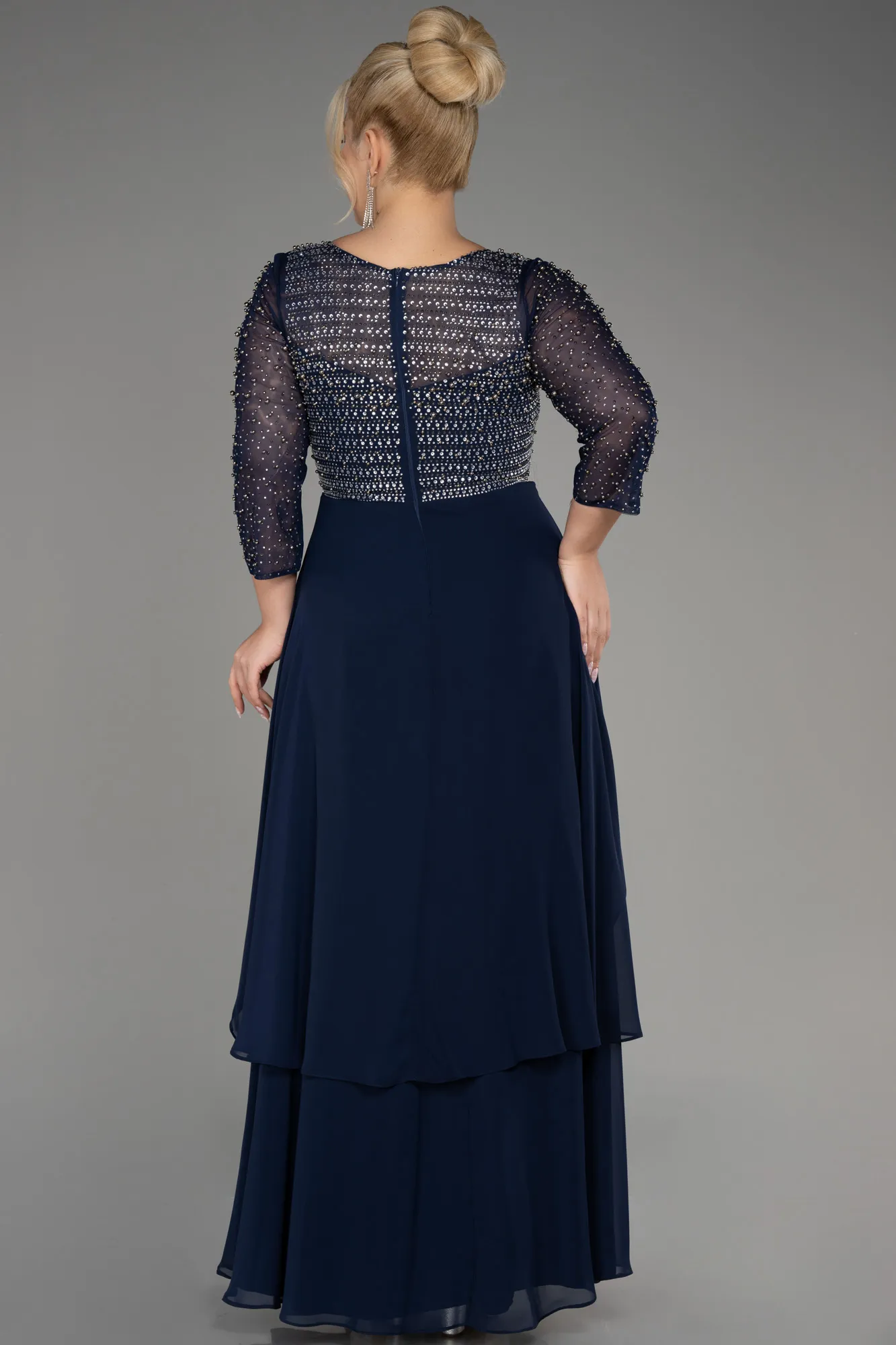 Navy Blue-Stoned Long Sleeve Chiffon Plus Size Evening Dress ABU4018