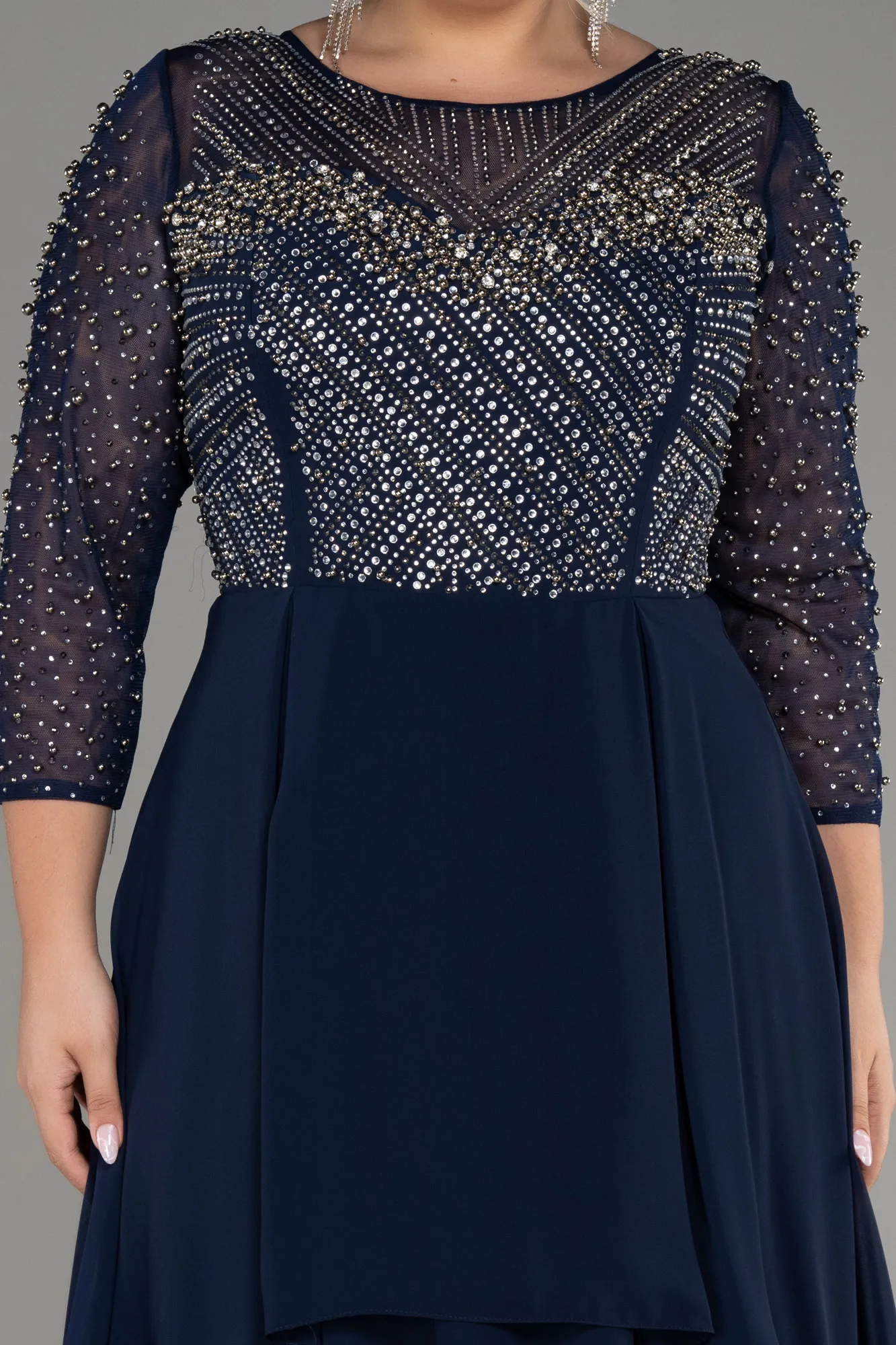 Navy Blue-Stoned Long Sleeve Chiffon Plus Size Evening Dress ABU4018