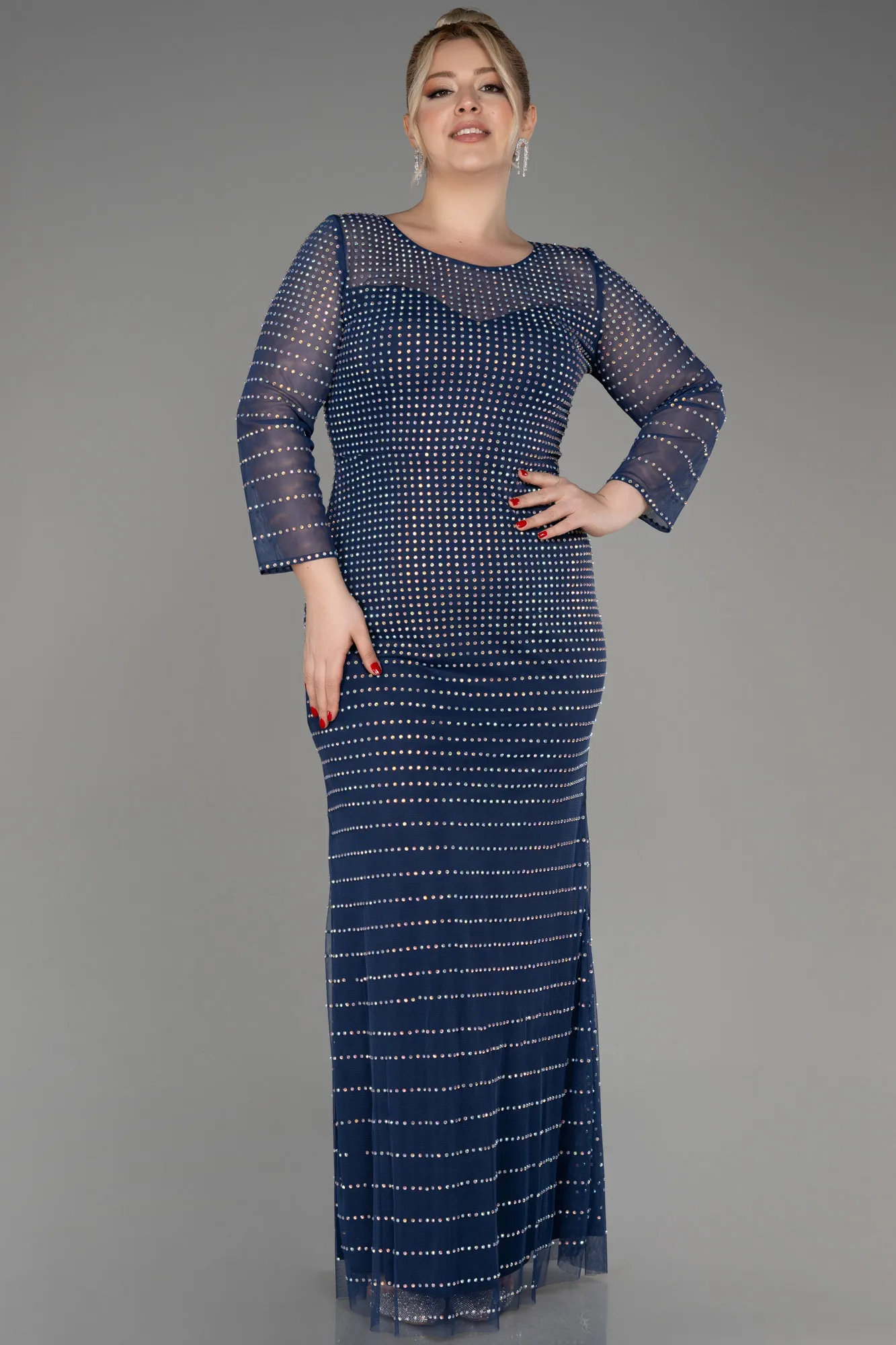 Navy Blue-Stoned Long Sleeve Long Plus Size Evening Gown ABU3933