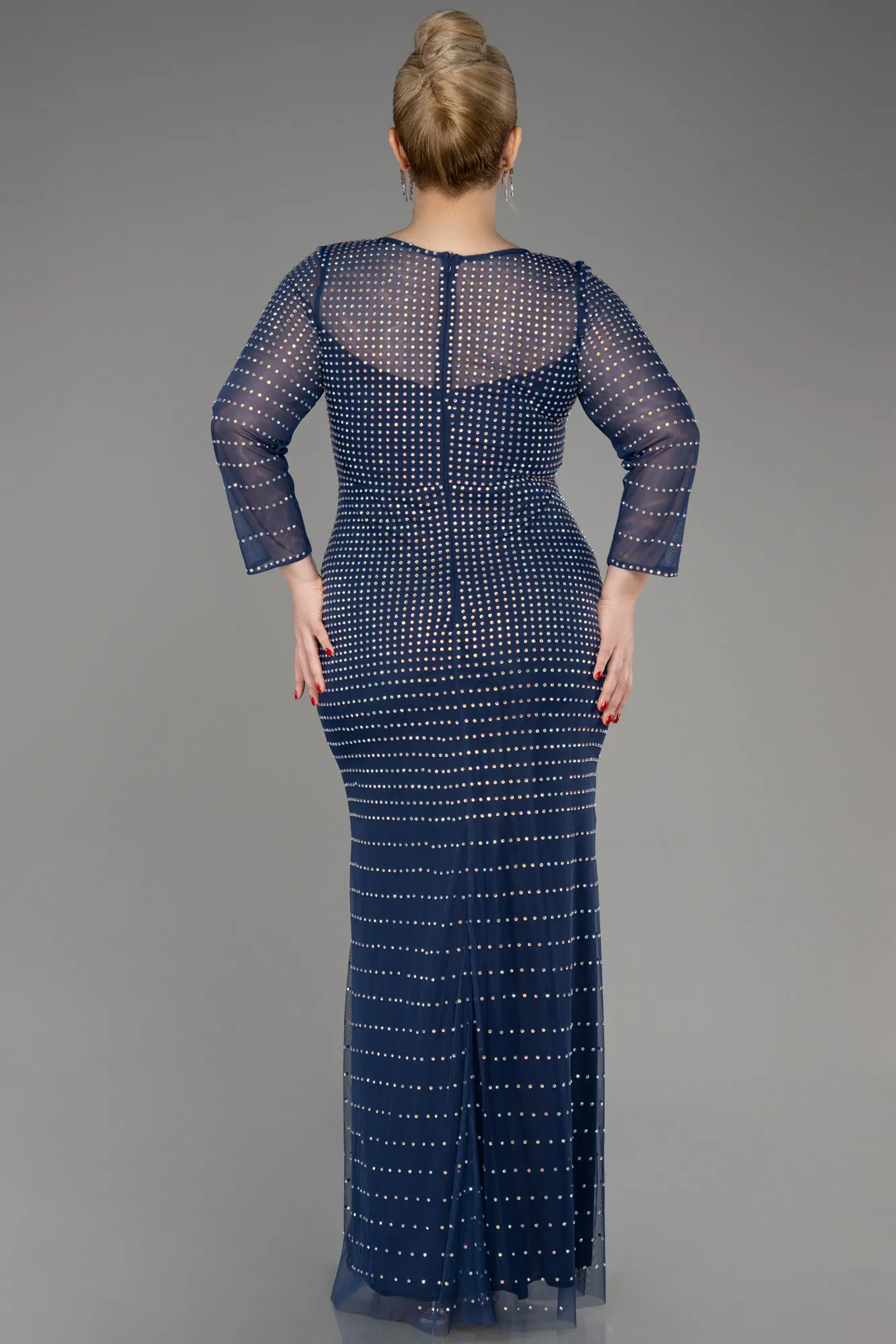 Navy Blue-Stoned Long Sleeve Long Plus Size Evening Gown ABU3933