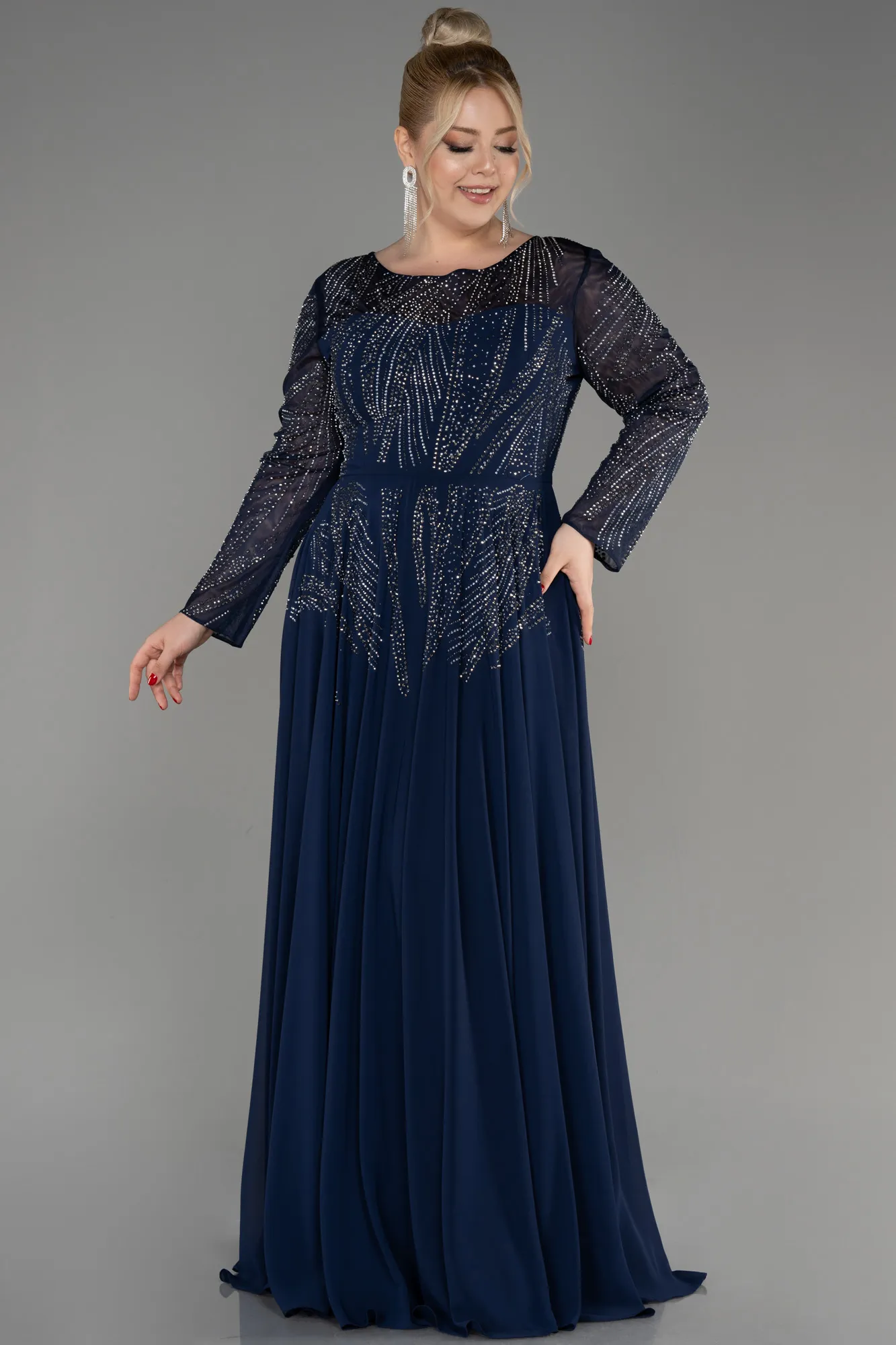 Navy Blue-Stoned Long Sleeve Plus Size Evening Gown ABU3925