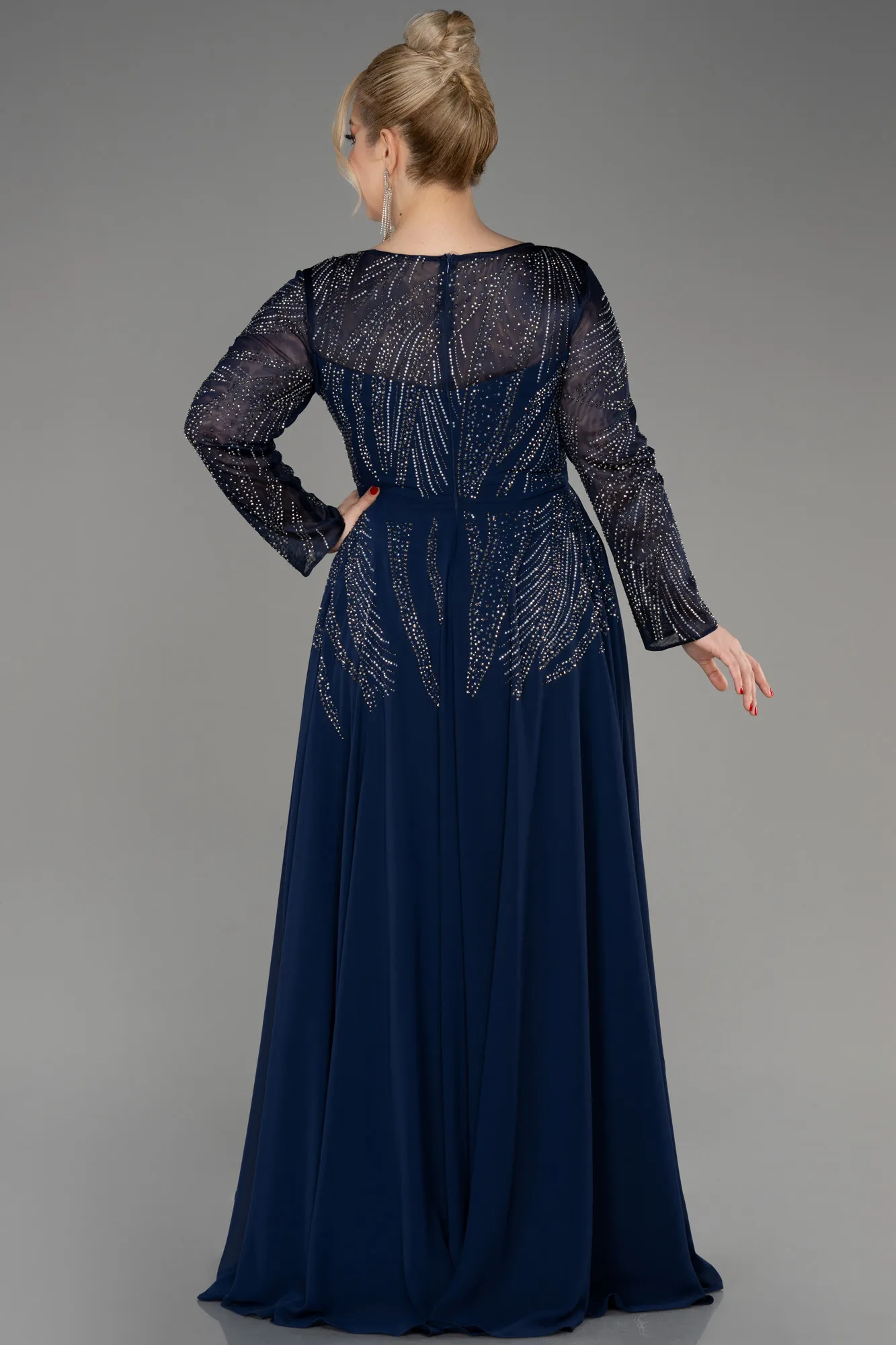 Navy Blue-Stoned Long Sleeve Plus Size Evening Gown ABU3925