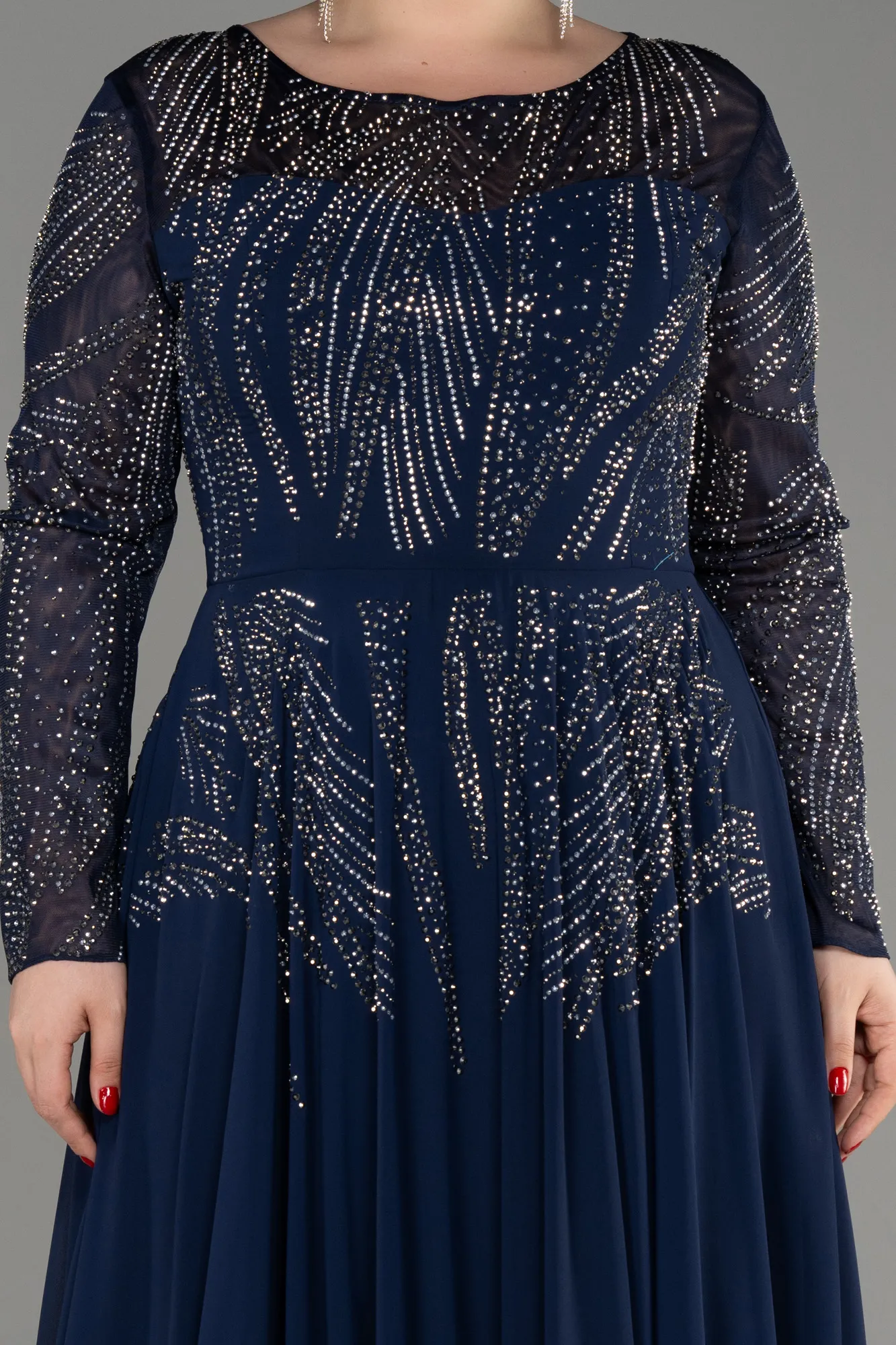 Navy Blue-Stoned Long Sleeve Plus Size Evening Gown ABU3925